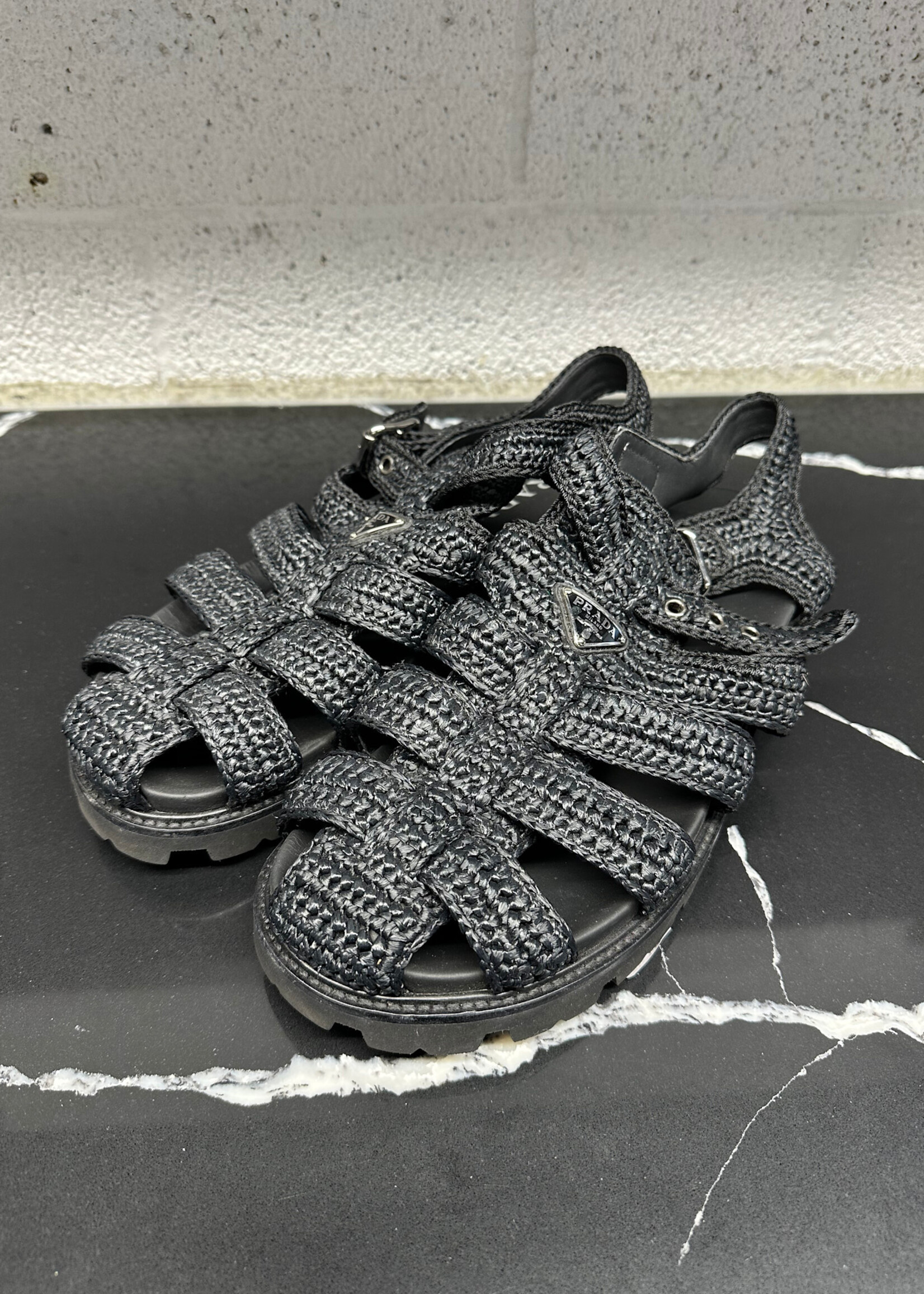 Prada Monolith Black Woven Sandals 10.5