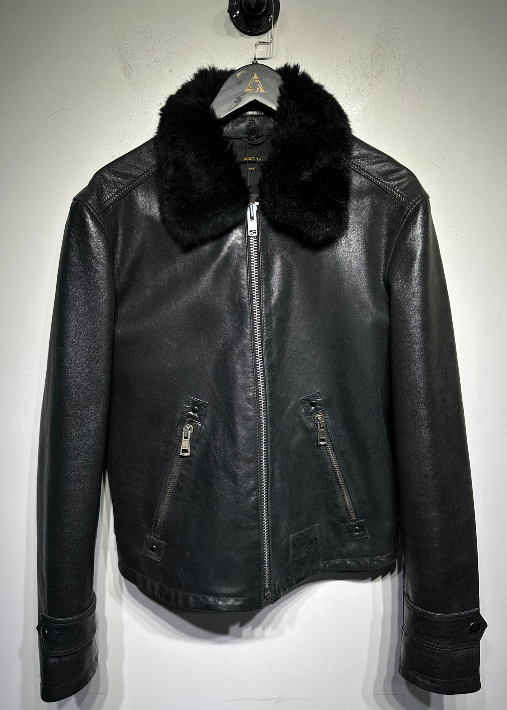 Miss Sixty Black Leather Jacket w Rabbit Fur Collar Fem L