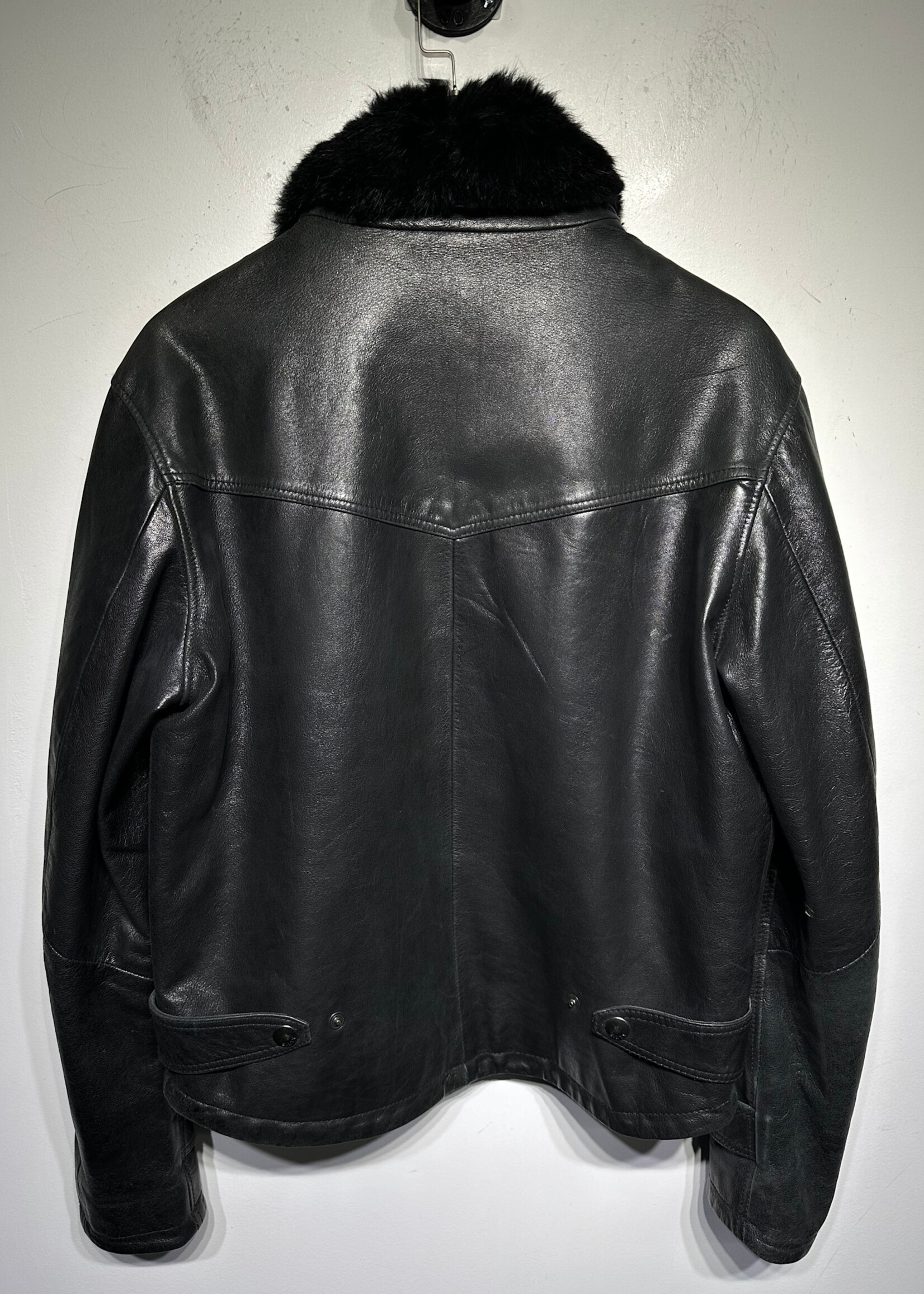 Miss Sixty Black Leather Jacket w Rabbit Fur Collar Fem L