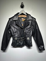 Harley Black Leather Moto Jacket w Belted Front Fem S