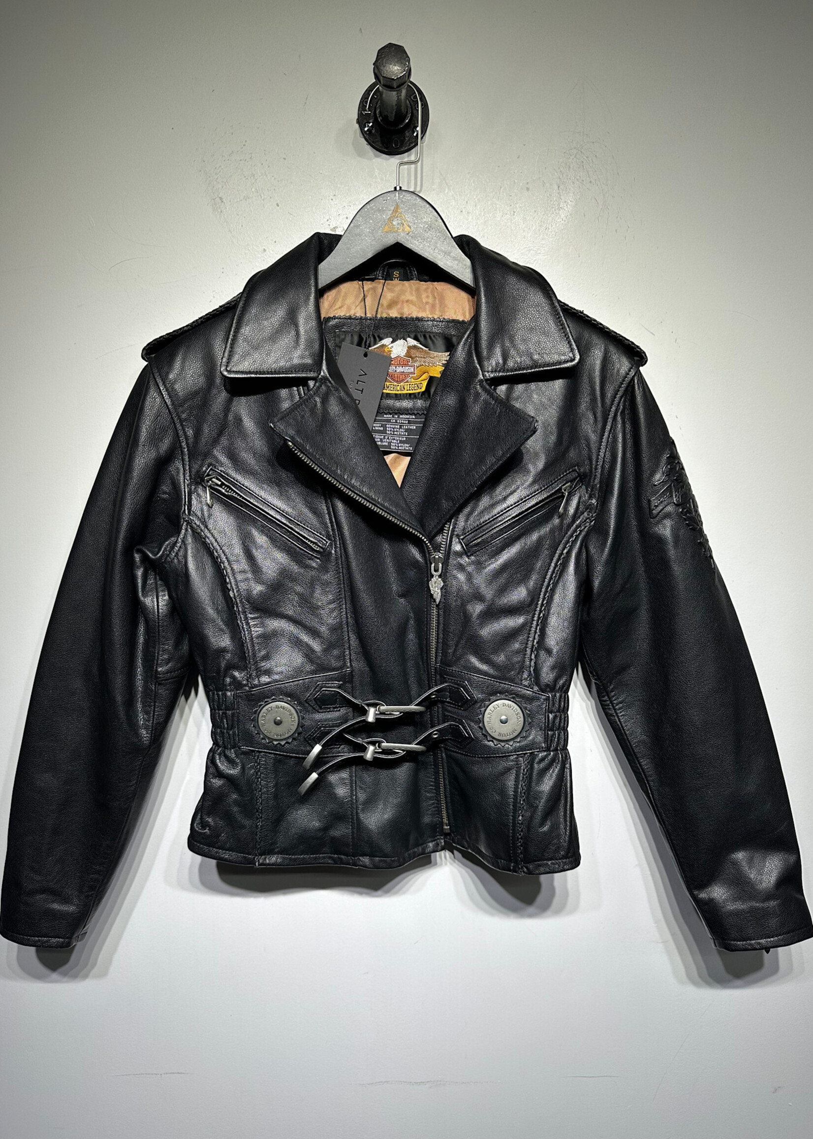 Harley Black Leather Moto Jacket w Belted Front Fem S