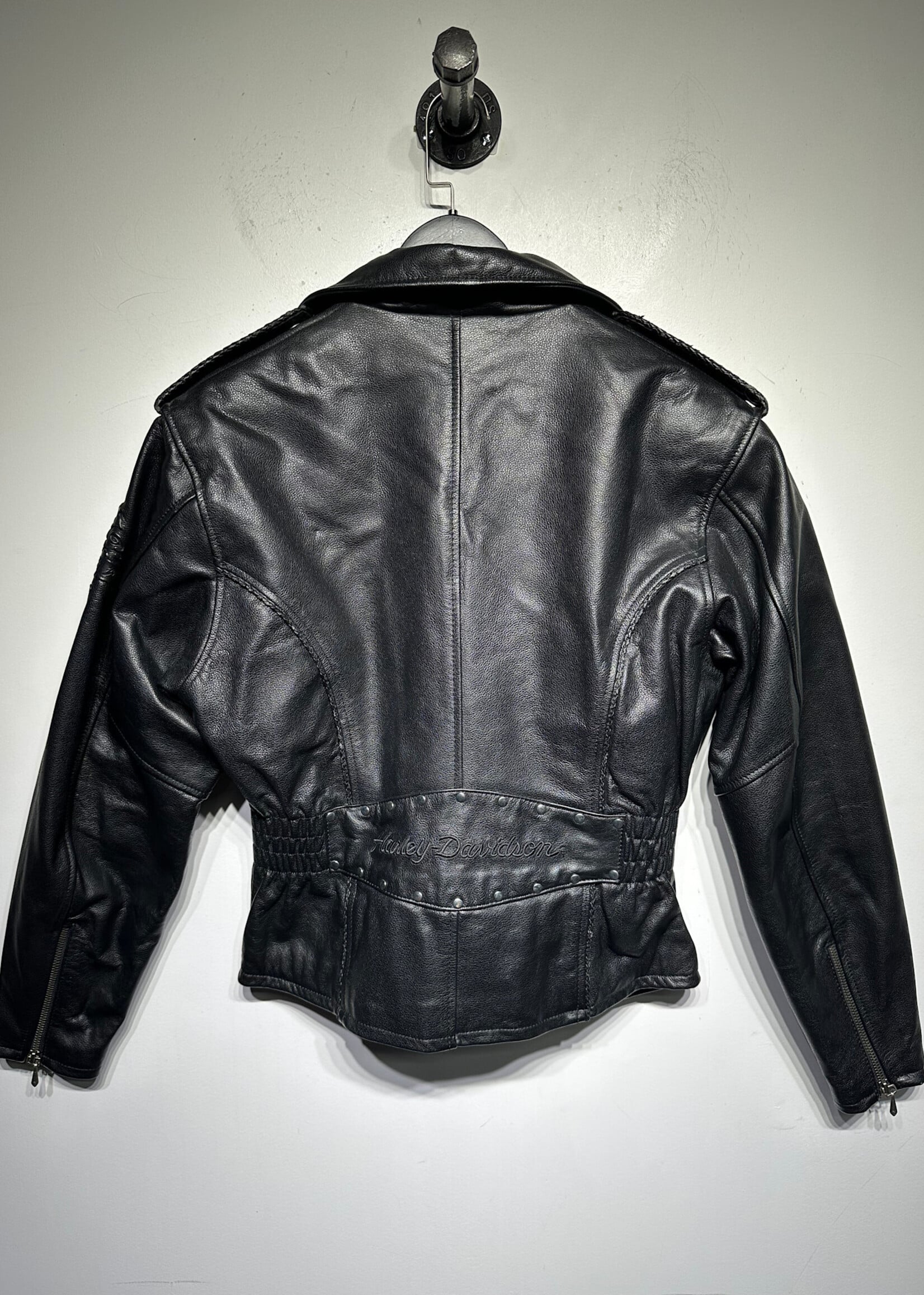 Harley Black Leather Moto Jacket w Belted Front Fem S