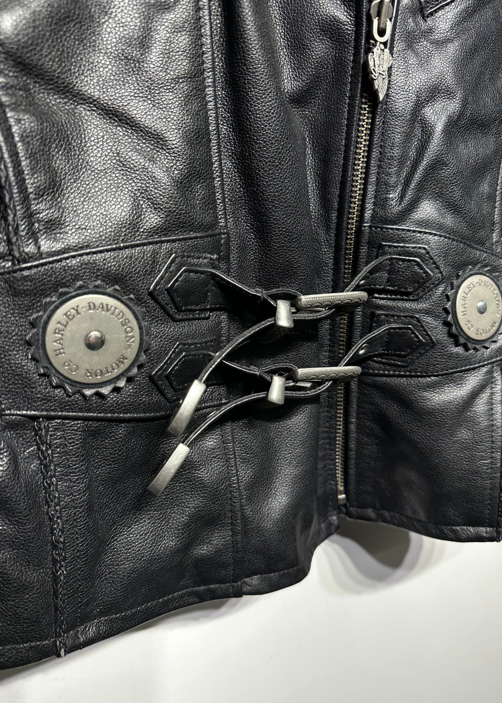 Harley Black Leather Moto Jacket w Belted Front Fem S