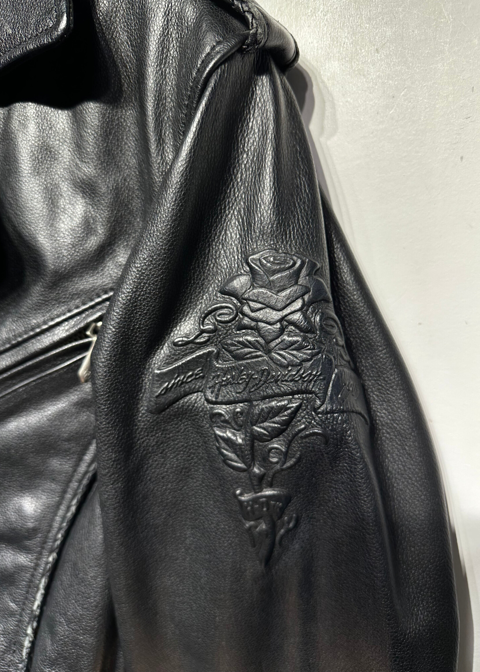 Harley Black Leather Moto Jacket w Belted Front Fem S