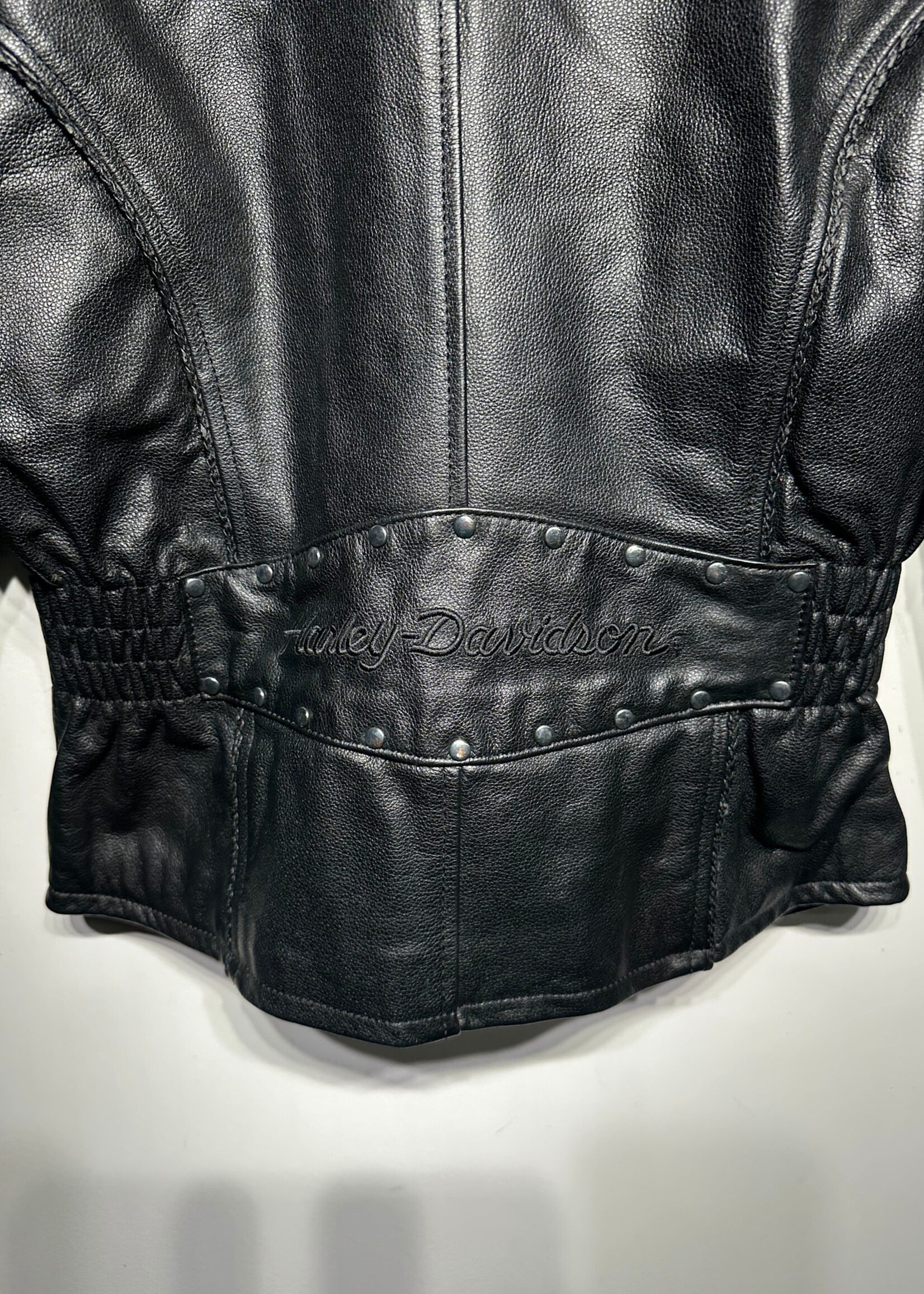 Harley Black Leather Moto Jacket w Belted Front Fem S