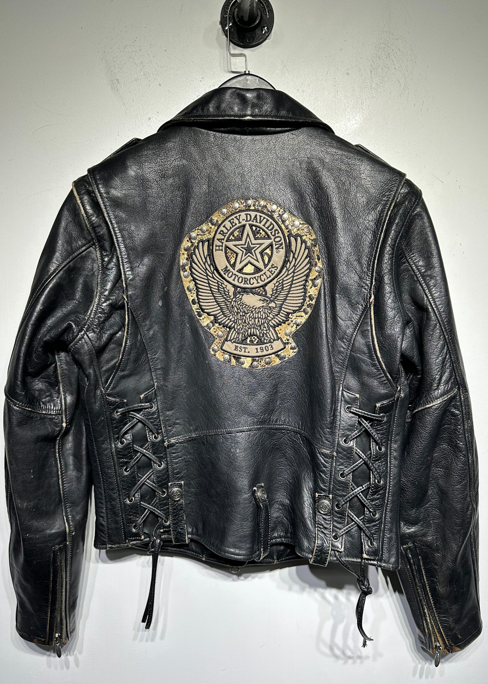 Harley Studded Leather Jacket w Back Patch Fem M