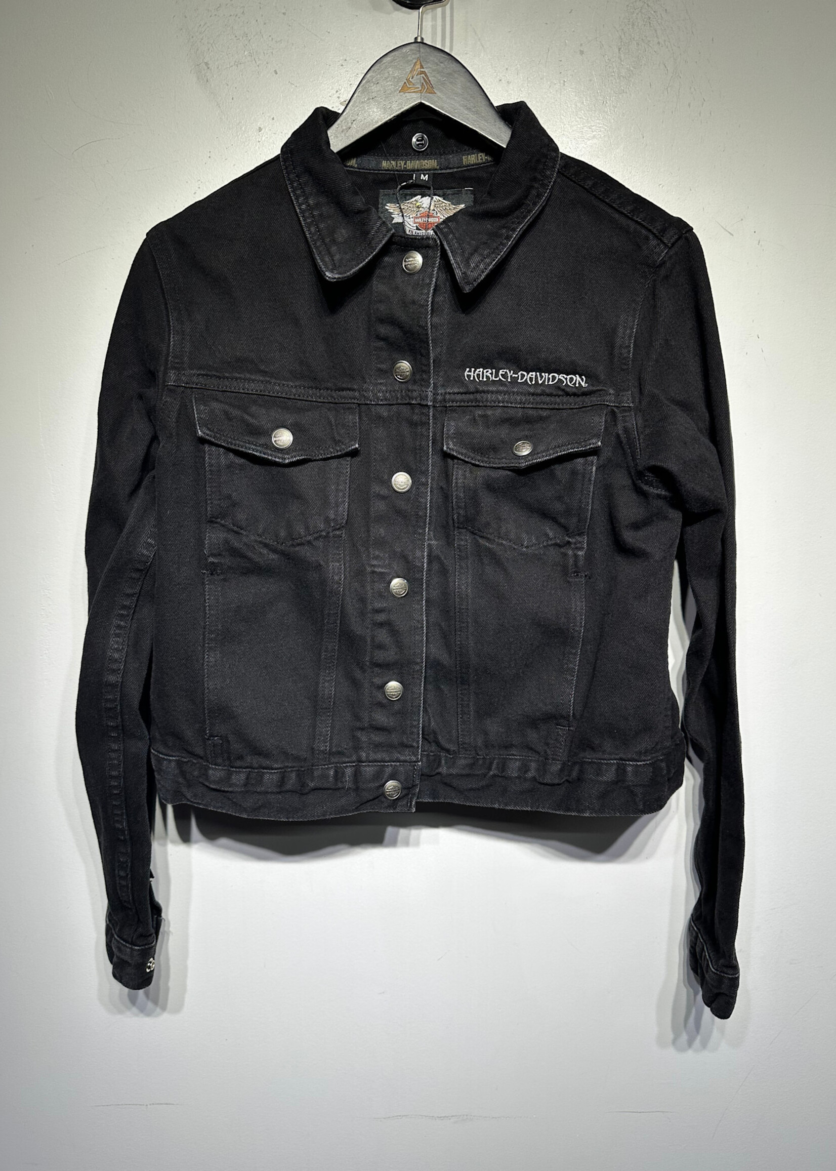 Harley USA Black Denim Embossed Jacket Fem M As Is
