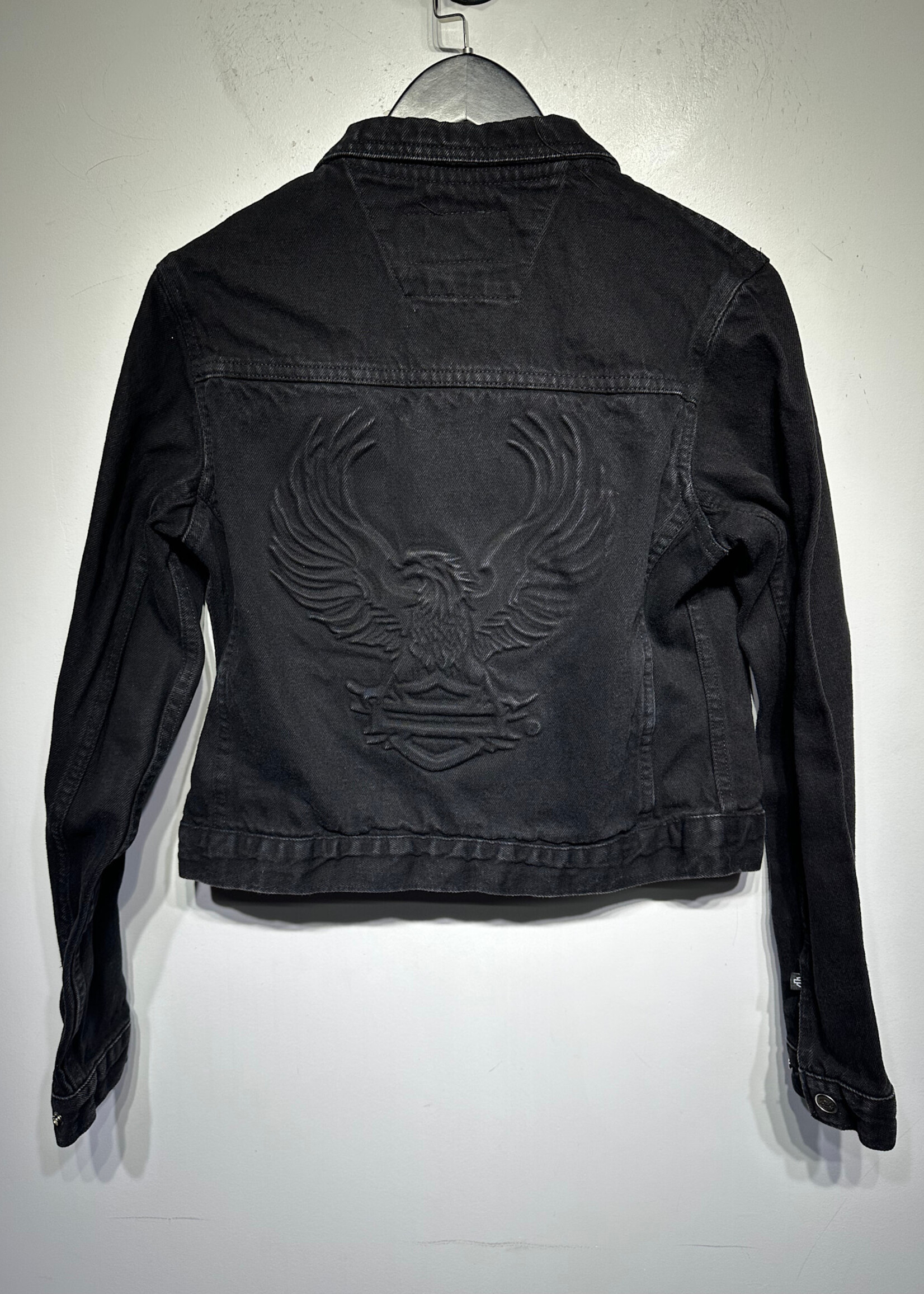 Harley USA Black Denim Embossed Jacket Fem M As Is