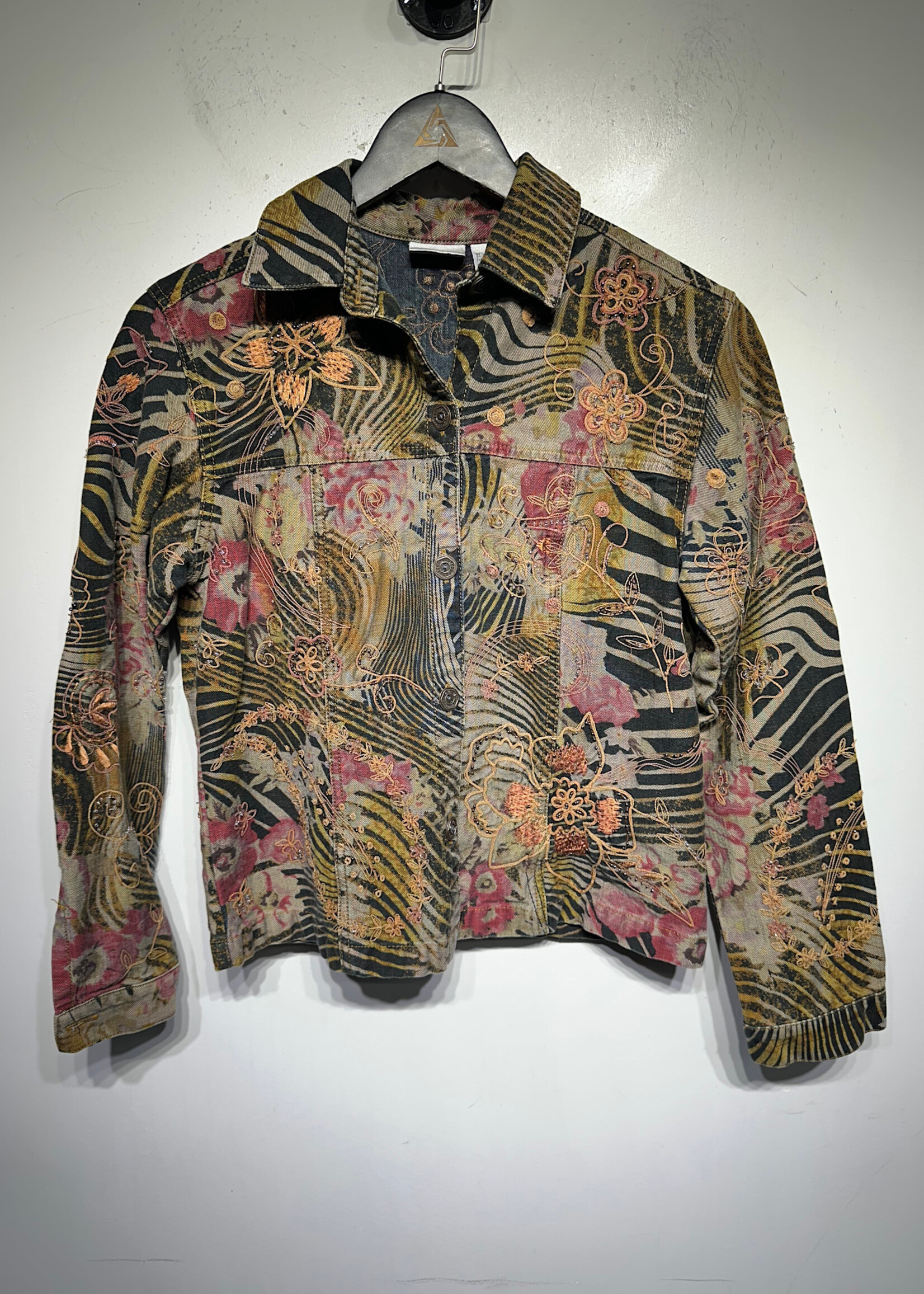 Chicos Zebra Floral Denim Jacket XS Fem
