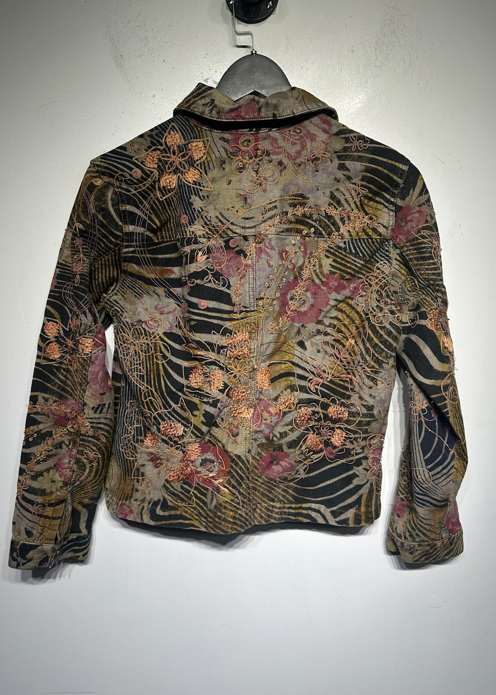 Chicos Zebra Floral Denim Jacket XS Fem