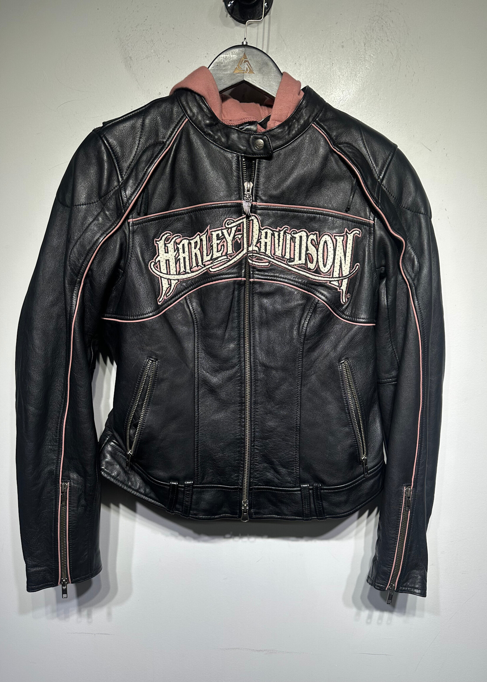 Harley Pink Hooded Black Leather Jacket S