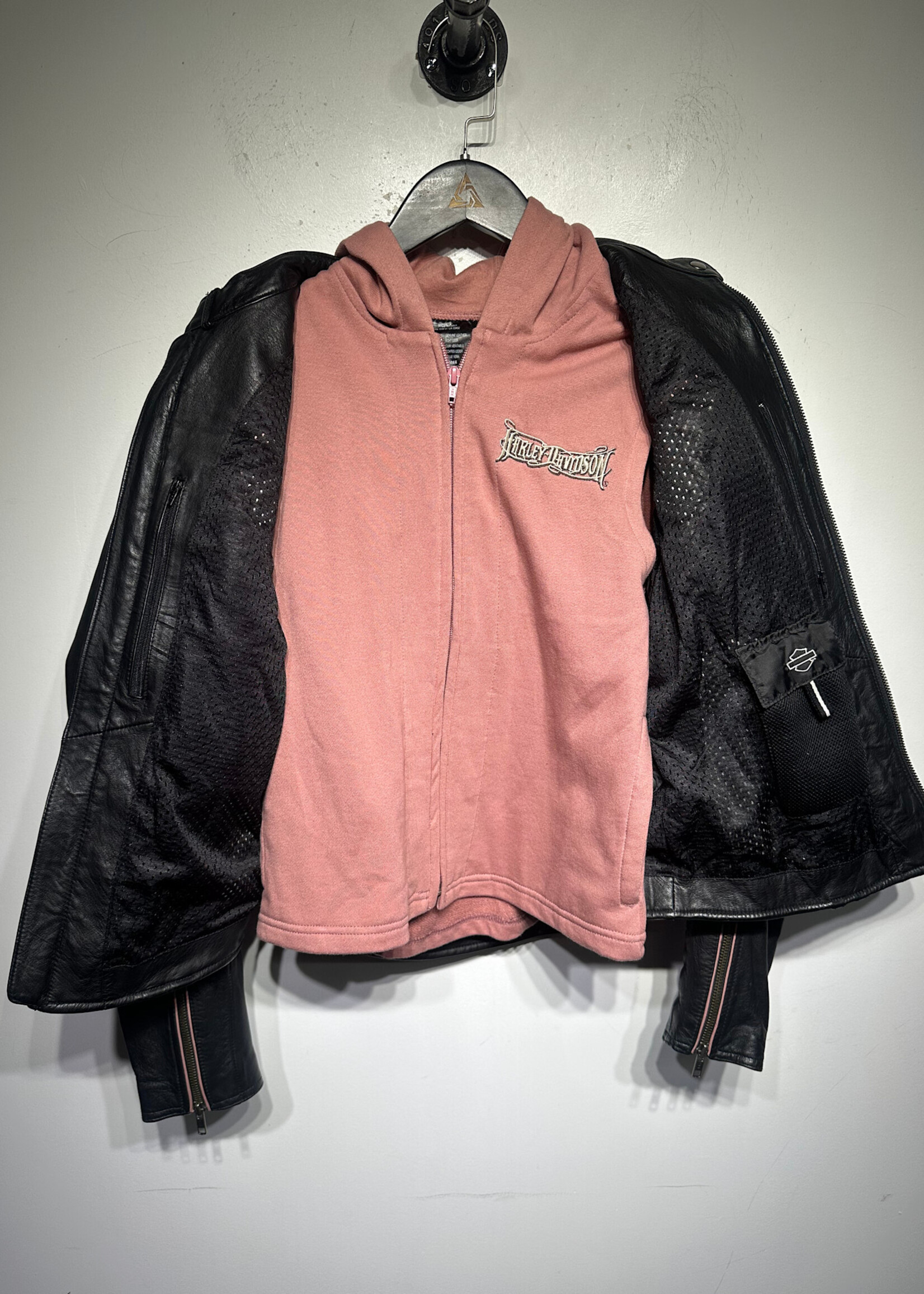 Harley Pink Hooded Black Leather Jacket S