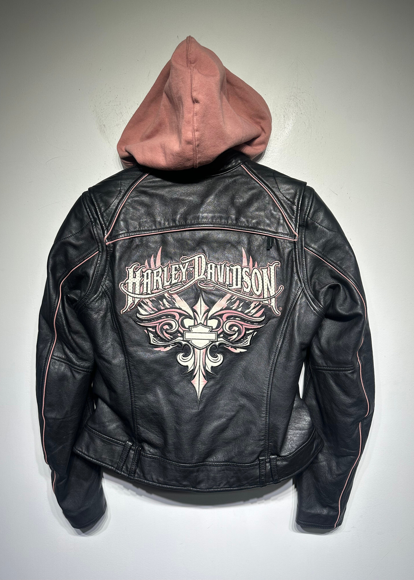 Harley Pink Hooded Black Leather Jacket S
