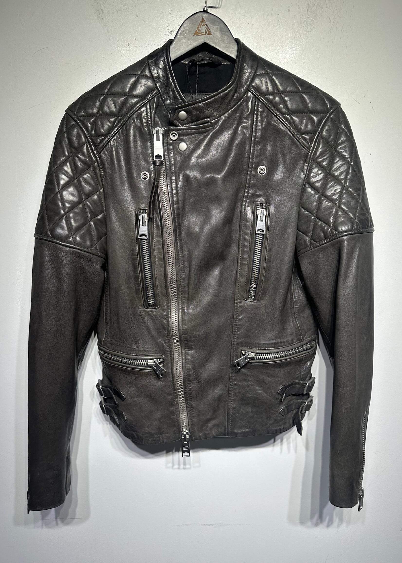All Saints Grey Moto Style Leather Jacket Fem XS