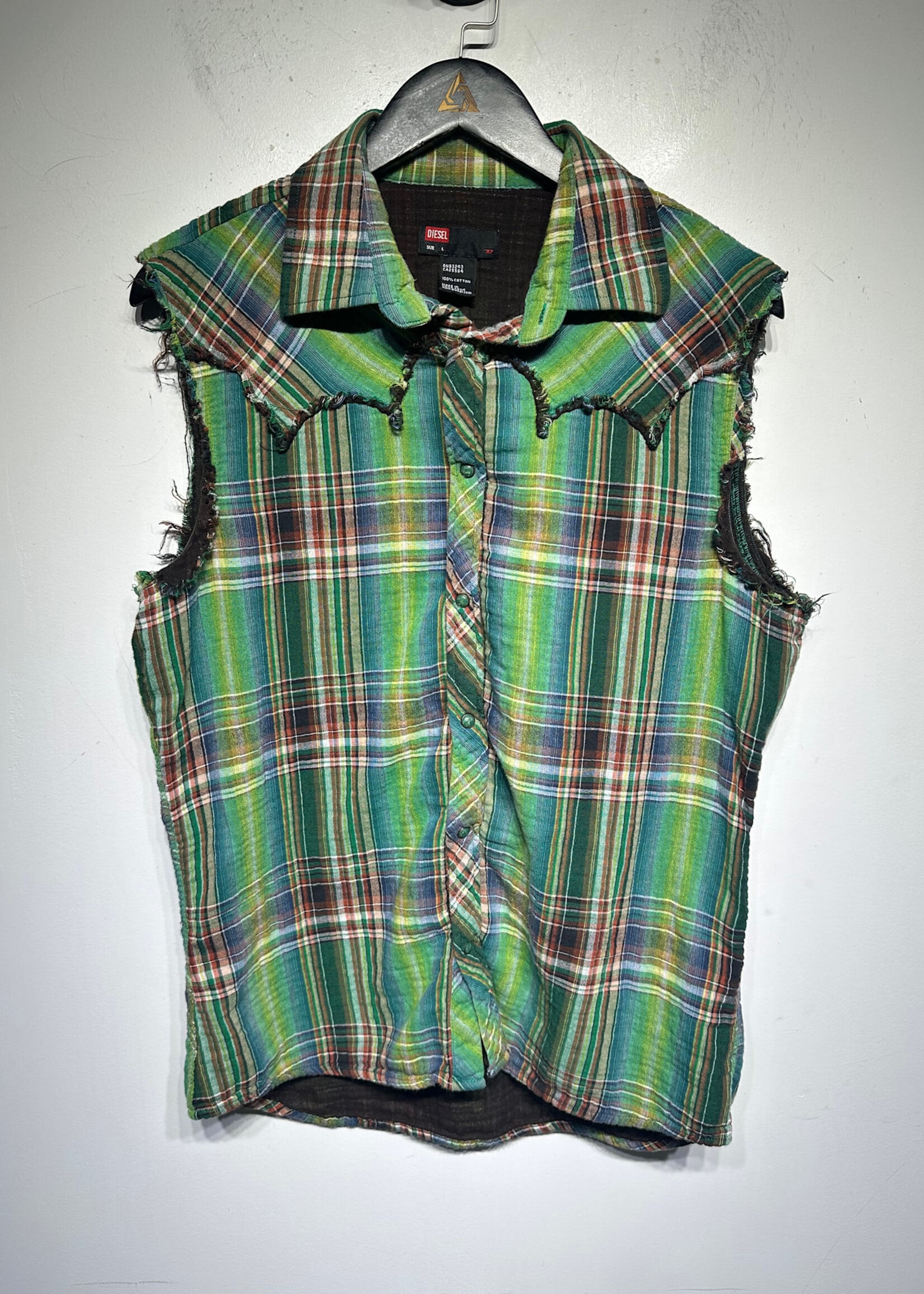 Diesel Green Plaid Cut Off Snap Button Shirt L