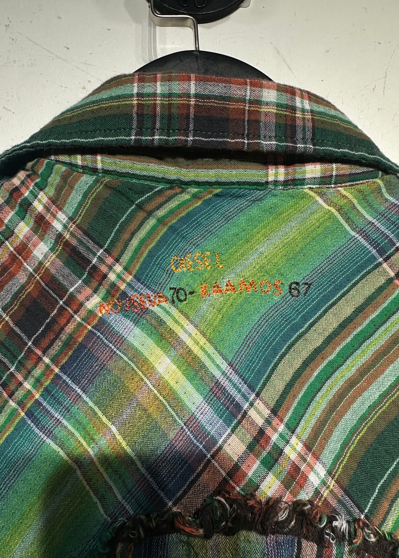 Diesel Green Plaid Cut Off Snap Button Shirt L