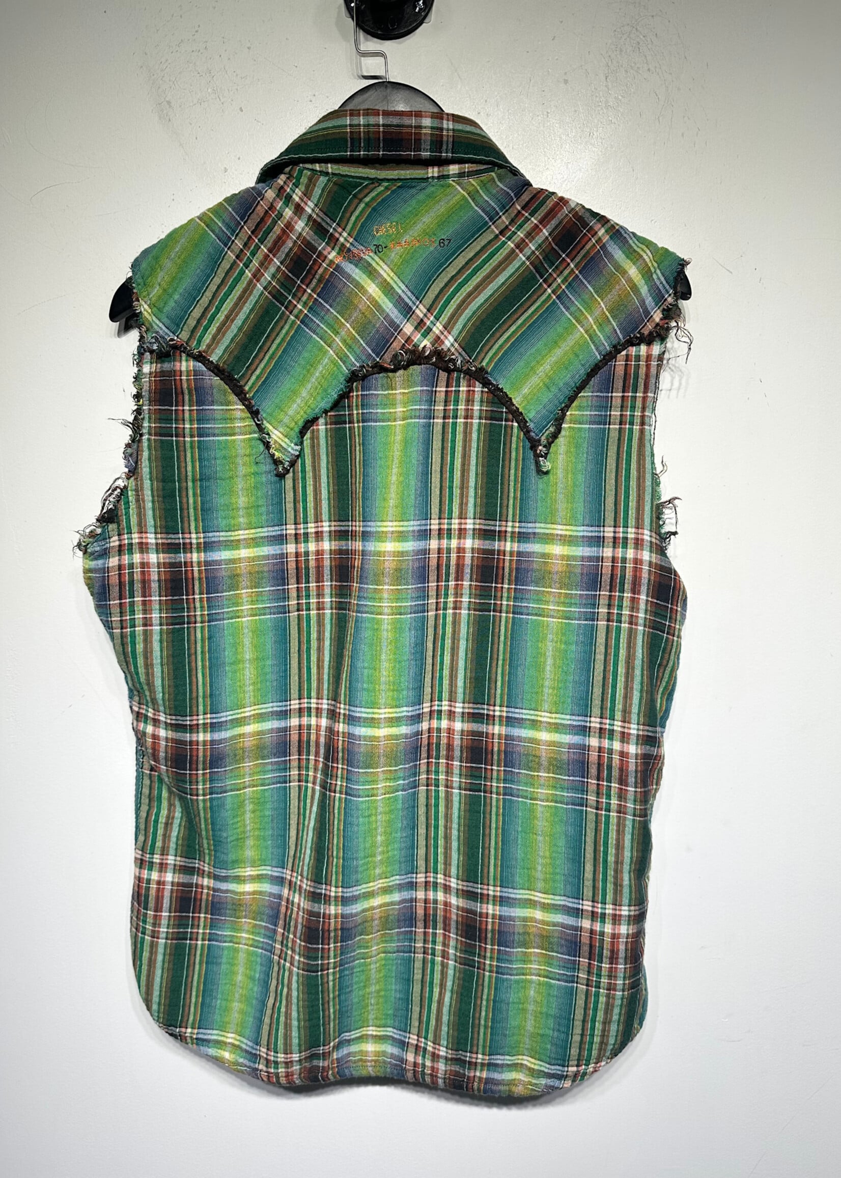 Diesel Green Plaid Cut Off Snap Button Shirt L