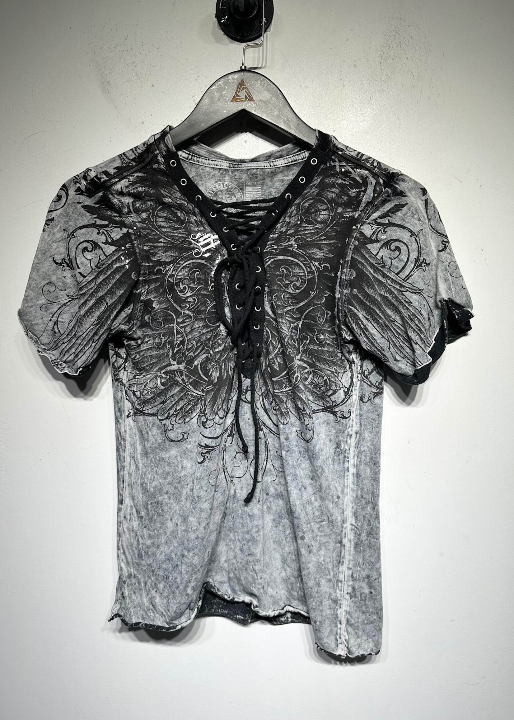 Affliction Black Grey Lace Front Tee Fem S