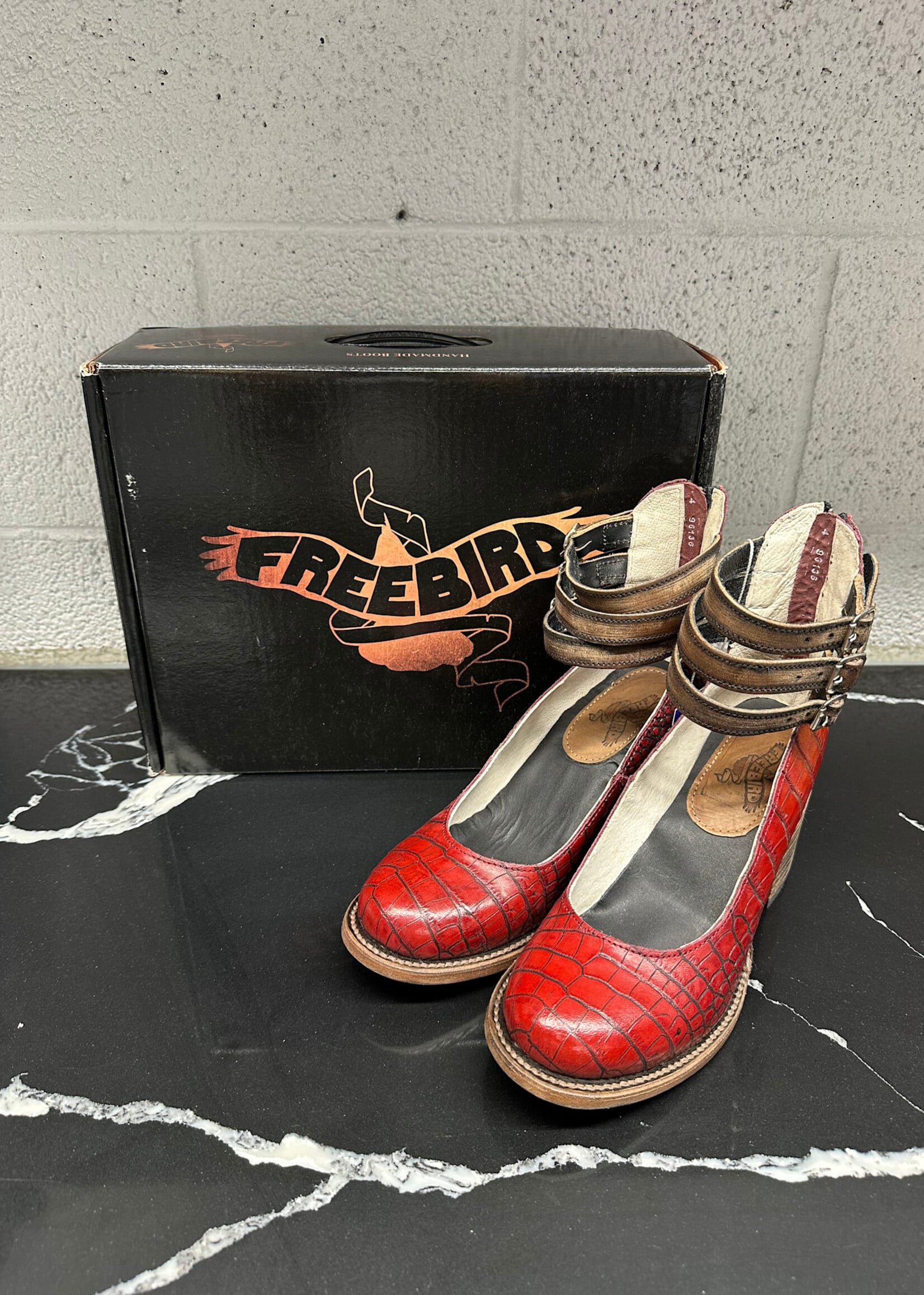 Freebird Red Embossed Mary Jane Heel 7