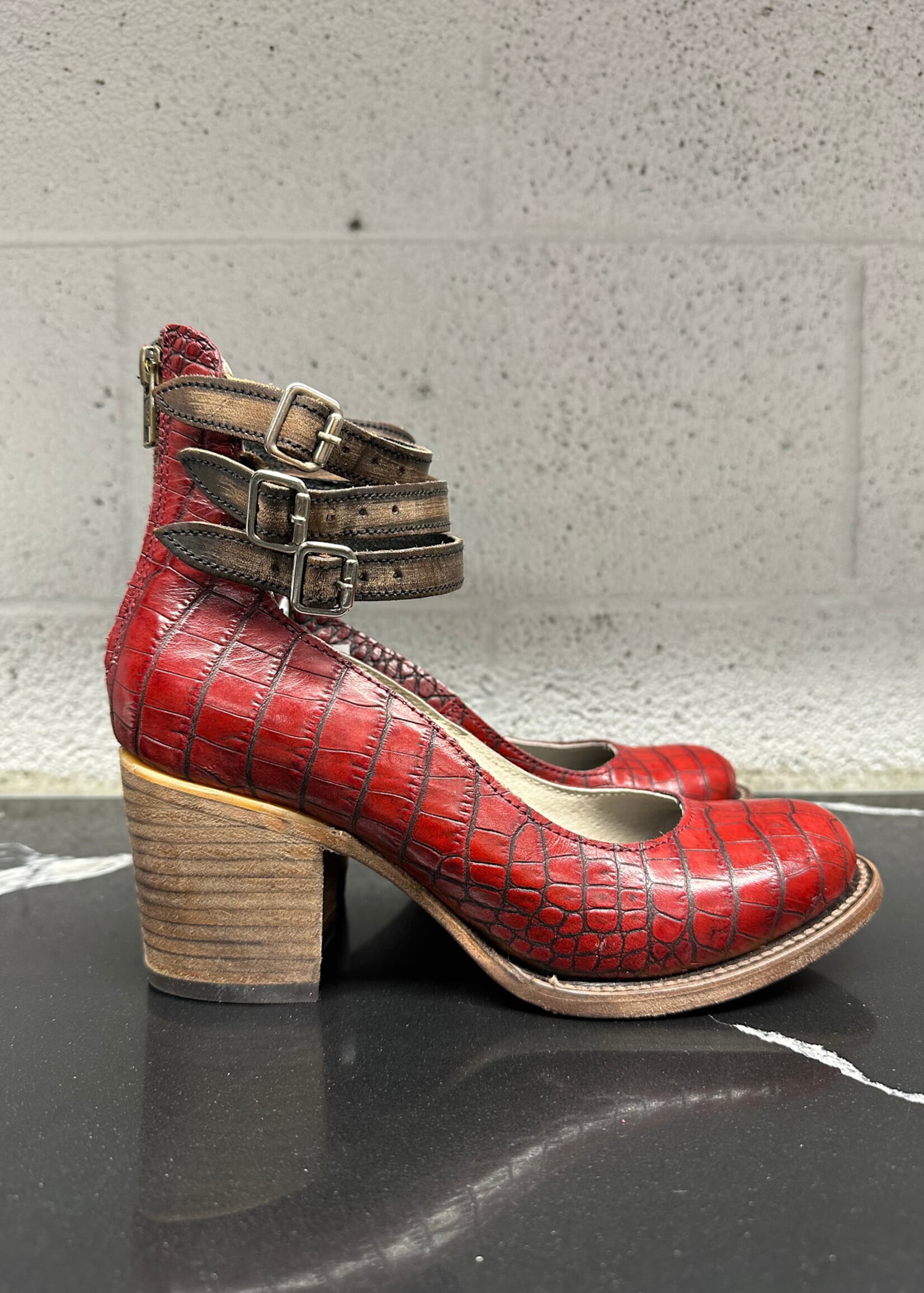 Freebird Red Embossed Mary Jane Heel 7
