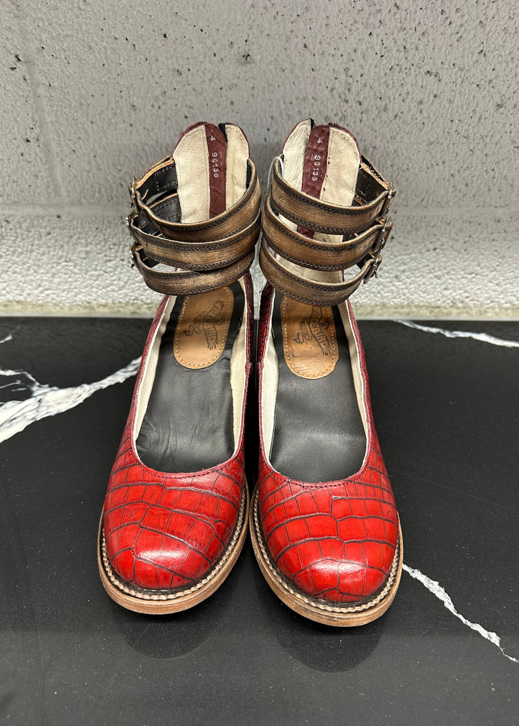 Freebird Red Embossed Mary Jane Heel 7