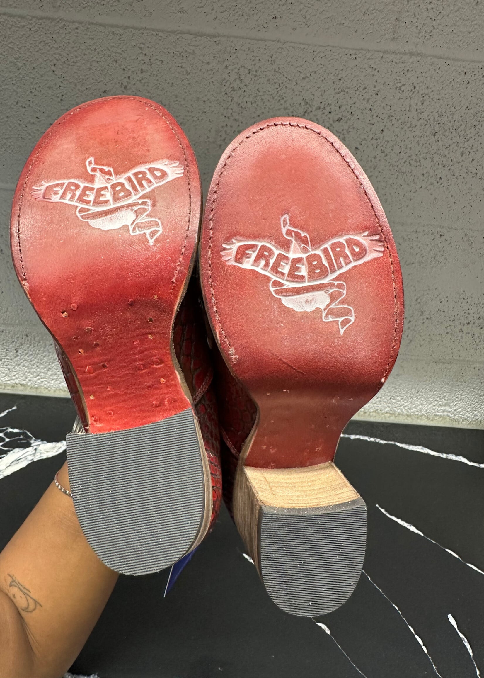 Freebird Red Embossed Mary Jane Heel 7