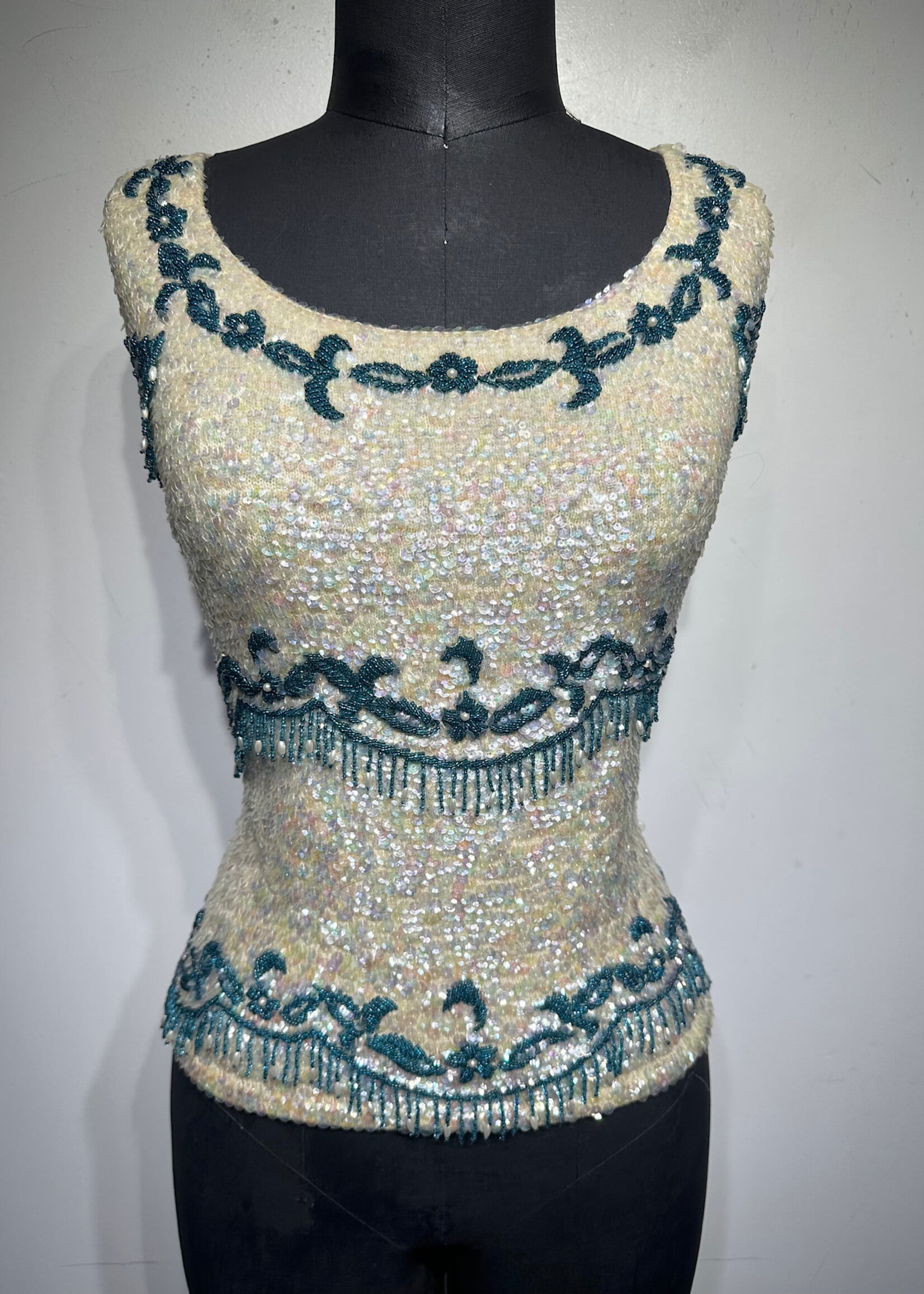 Jo Ro Teal Cream Embellished Top L