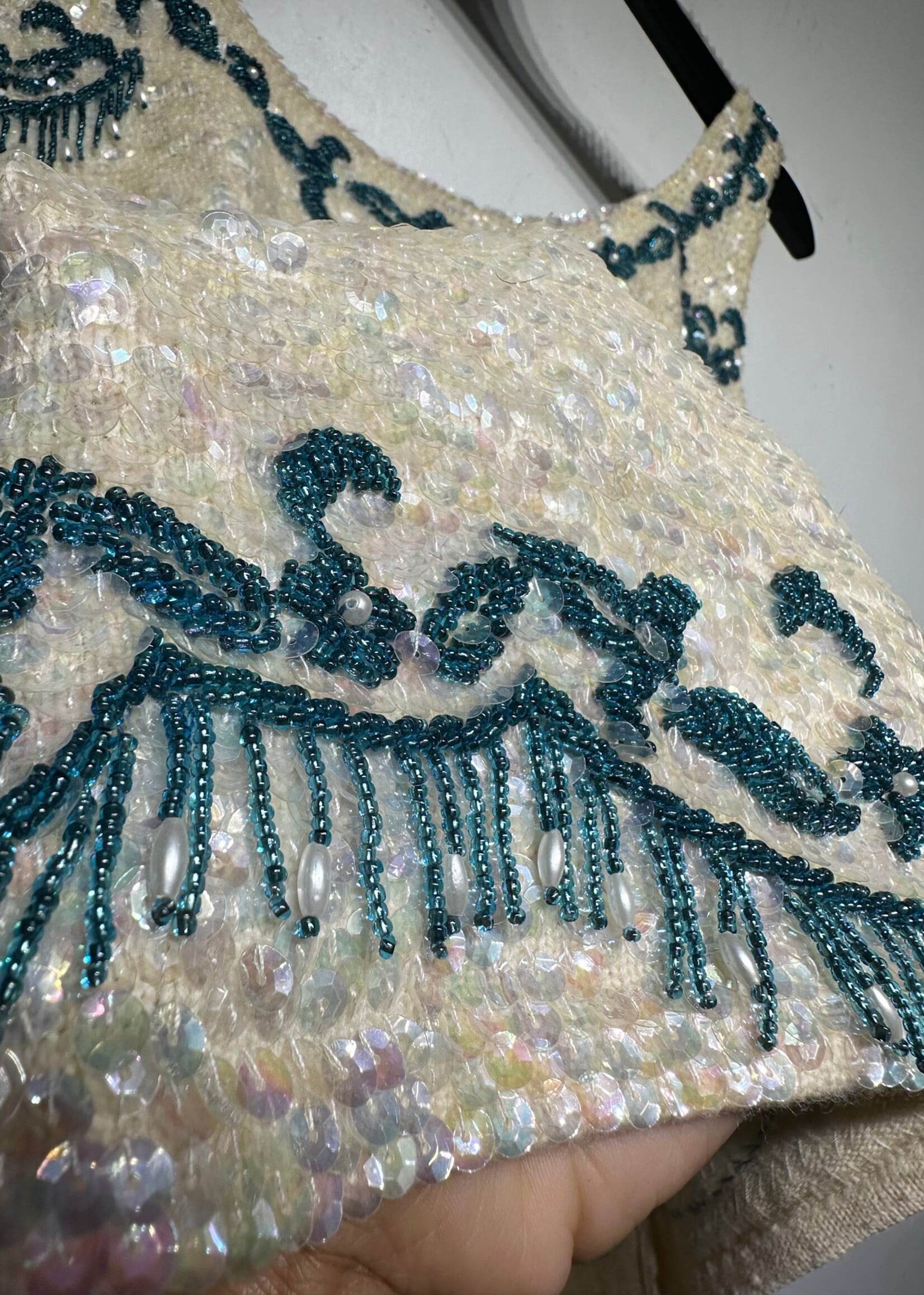 Jo Ro Teal Cream Embellished Top L