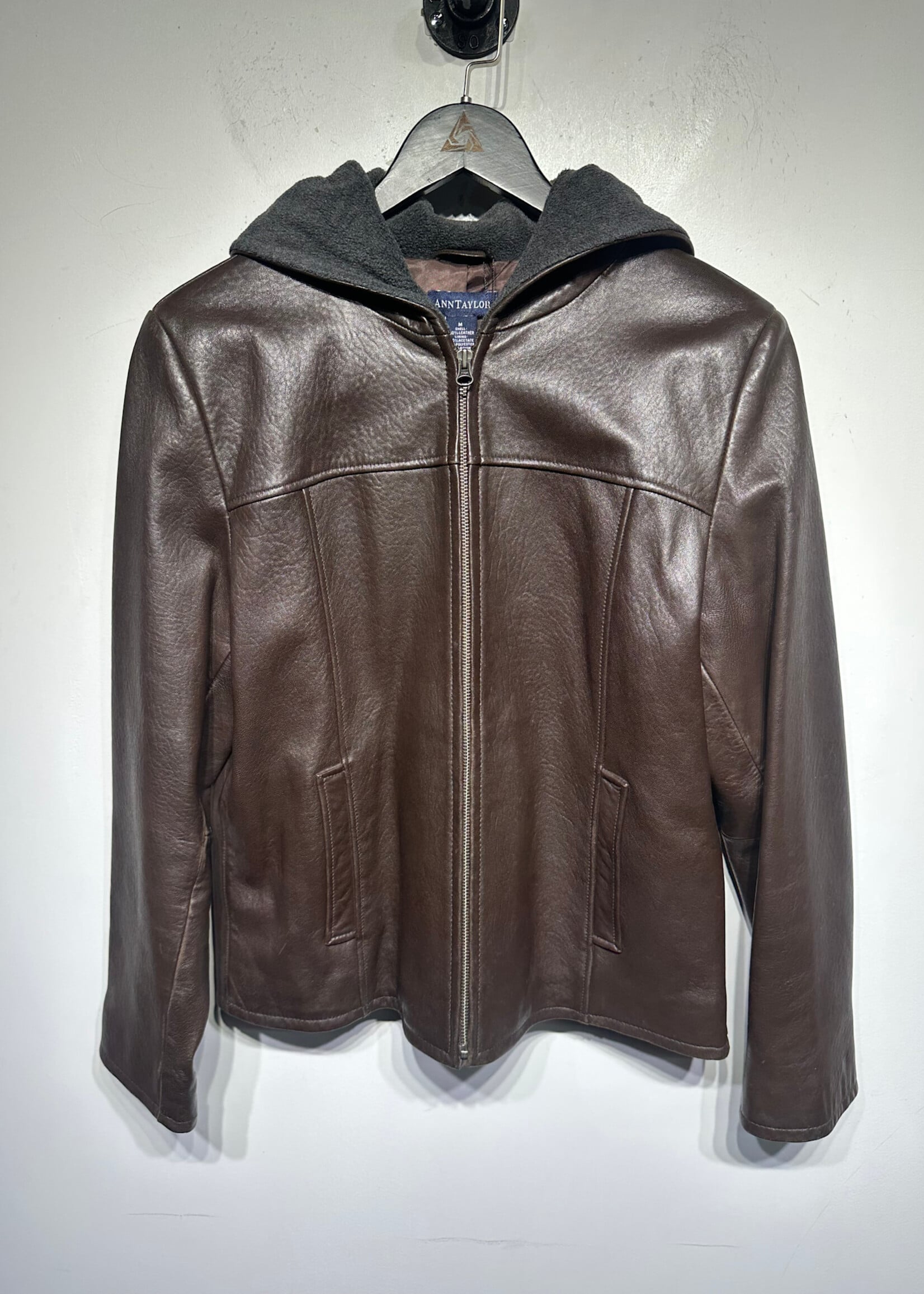Ann Taylor Dark Brown Hooded Leather Jacket Fem M