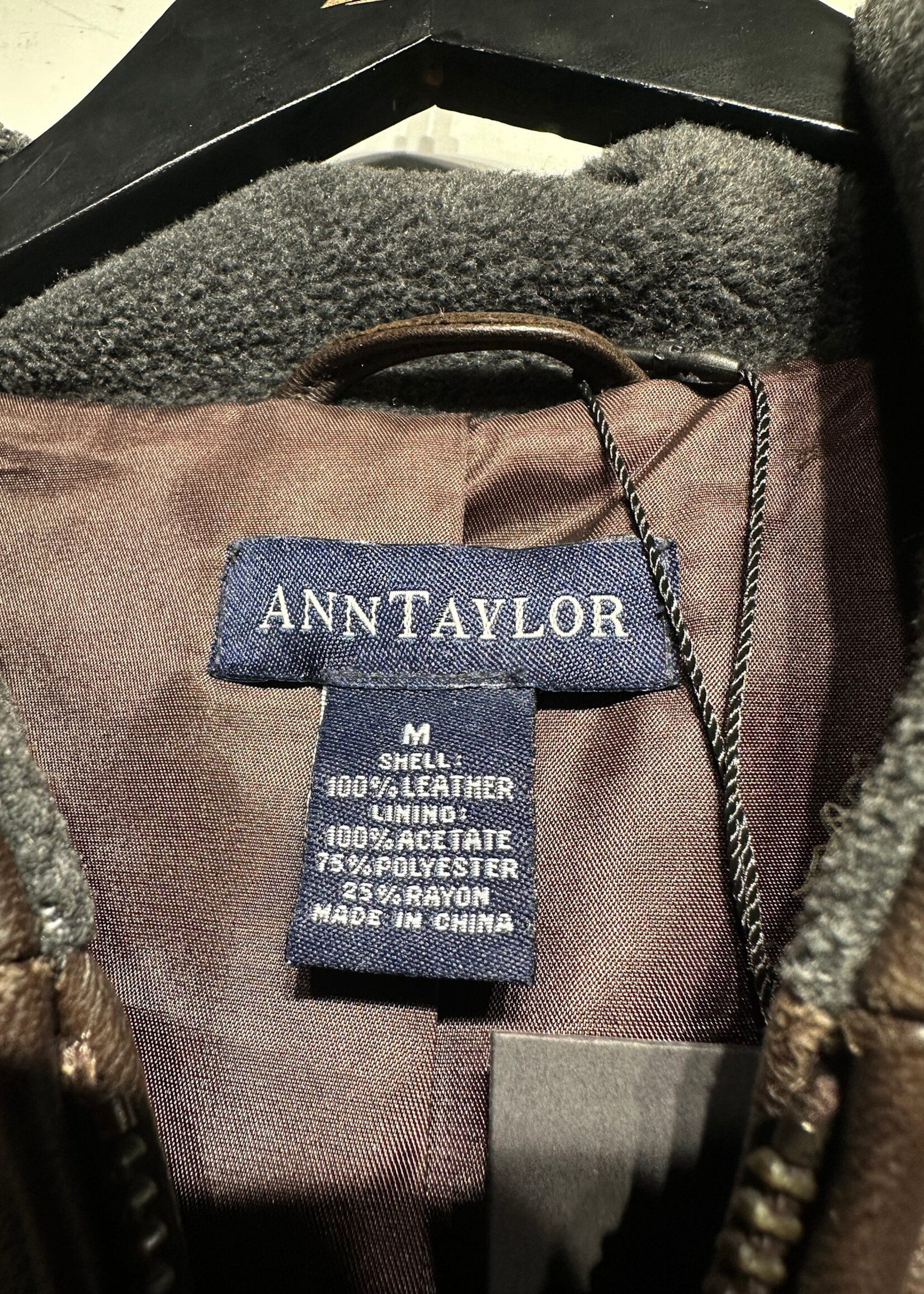 Ann Taylor Dark Brown Hooded Leather Jacket Fem M