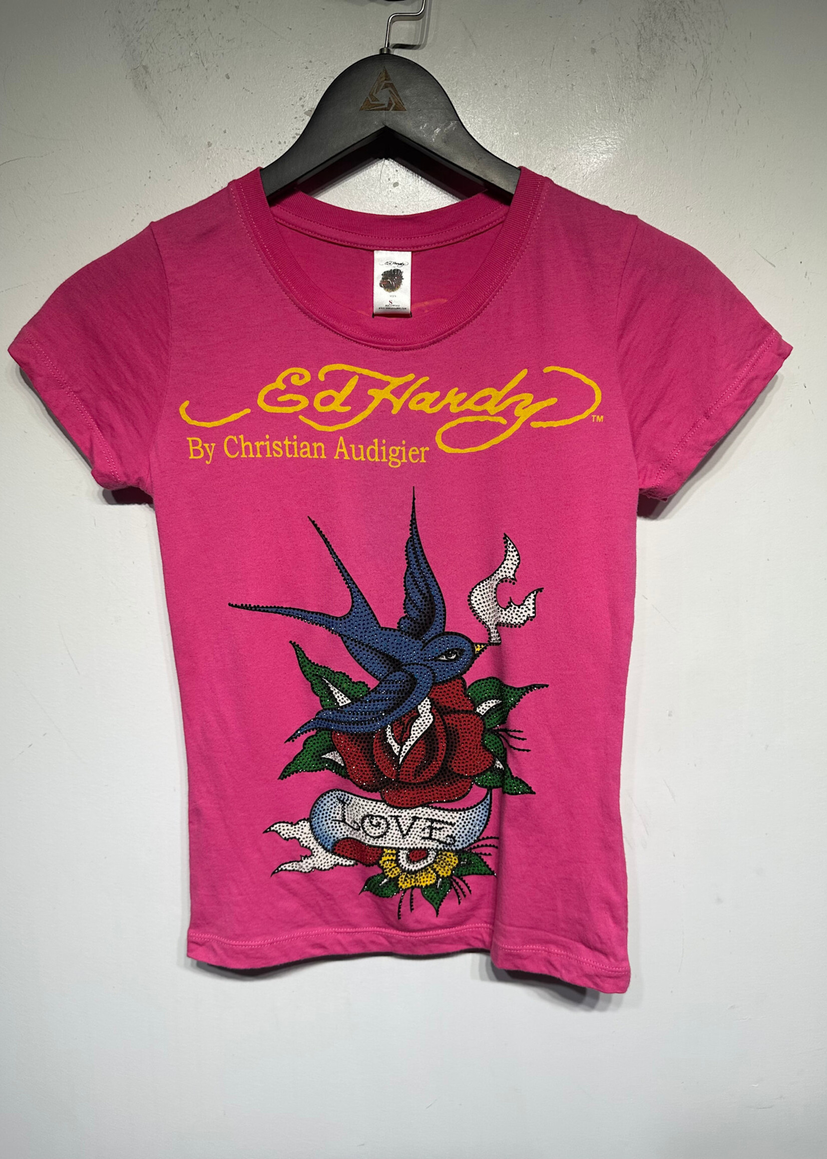 Ed Hardy Y2K Pink rhinestone Rose Tee S