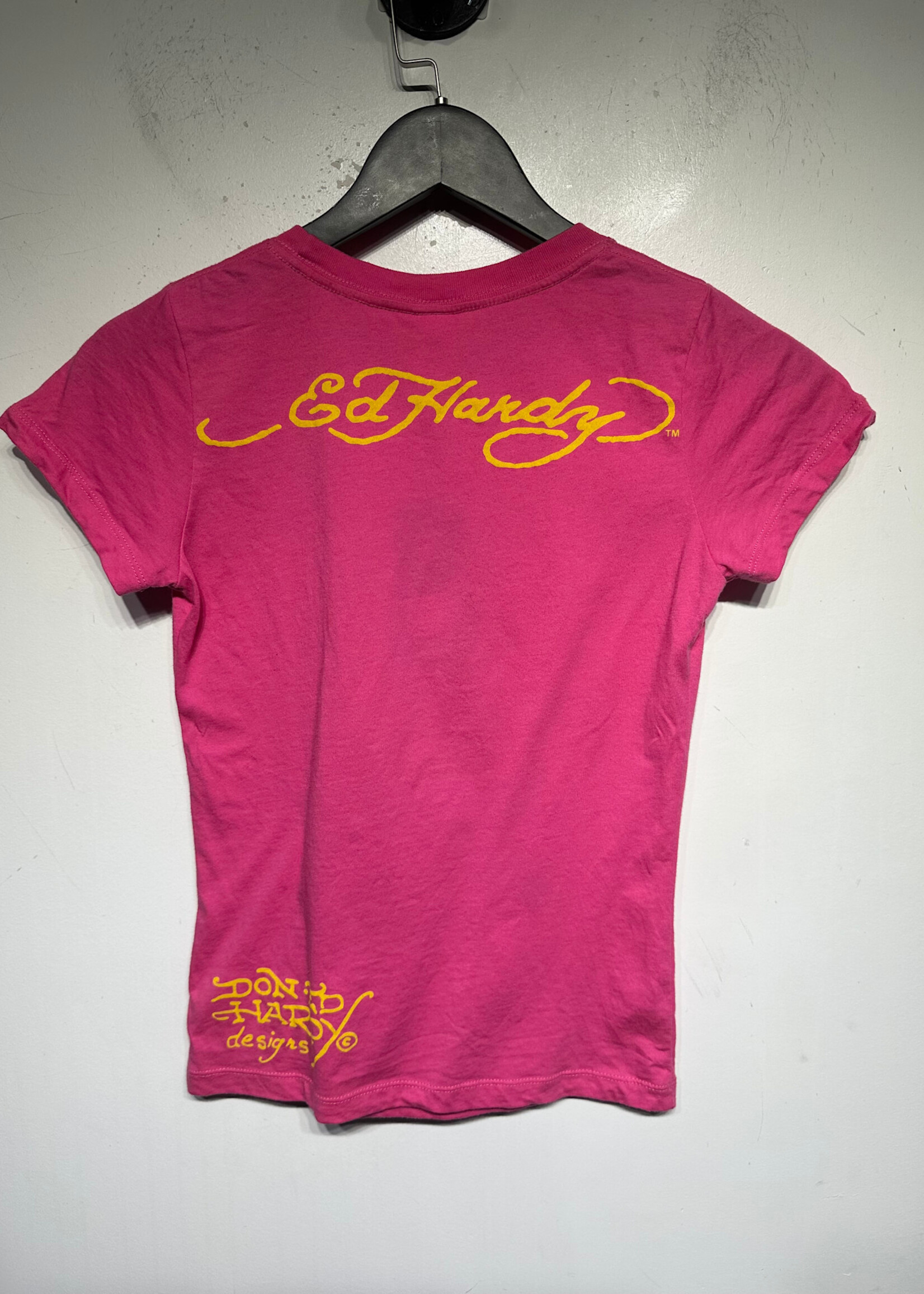 Ed Hardy Y2K Pink rhinestone Rose Tee S