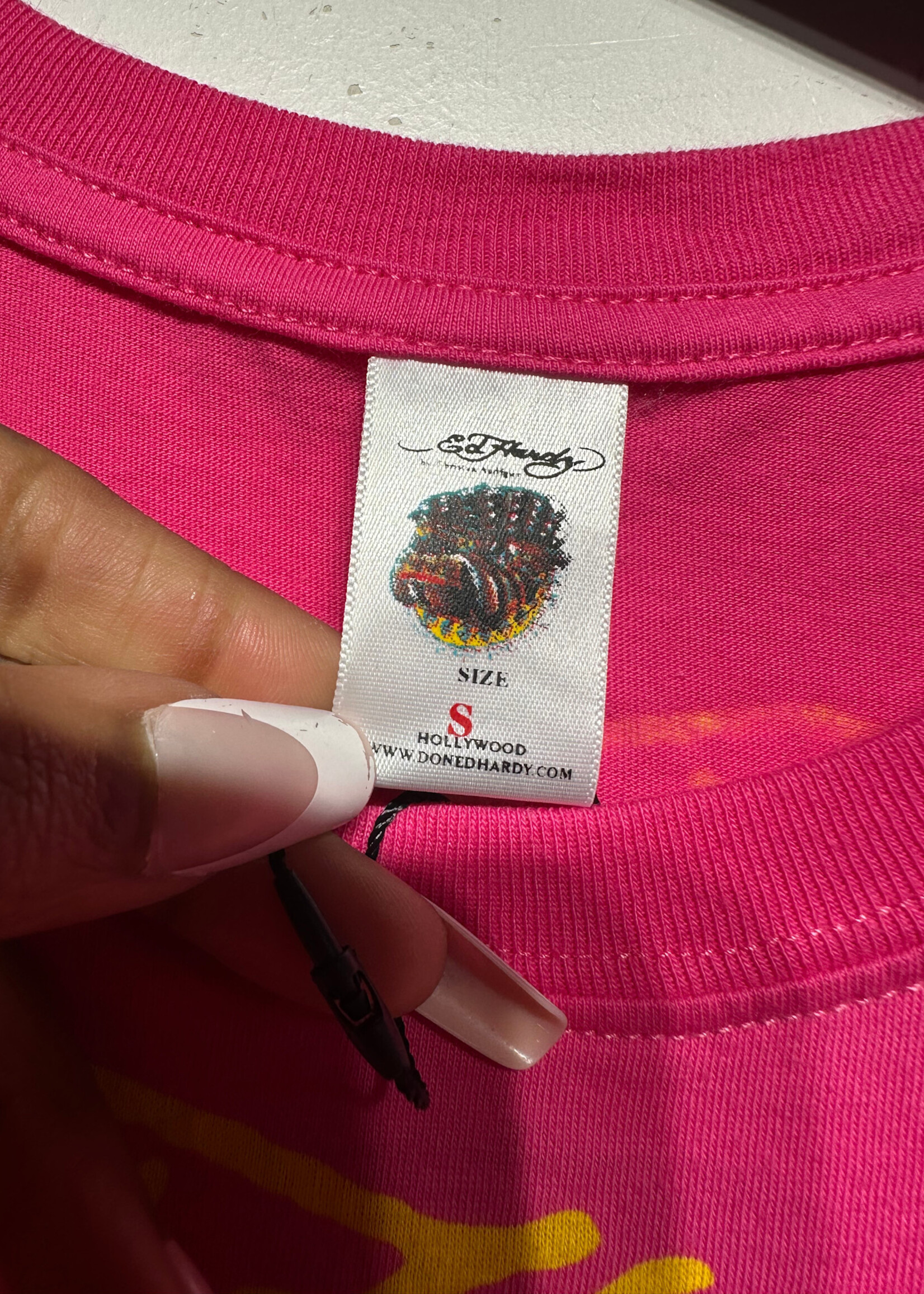 Ed Hardy Y2K Pink rhinestone Rose Tee S