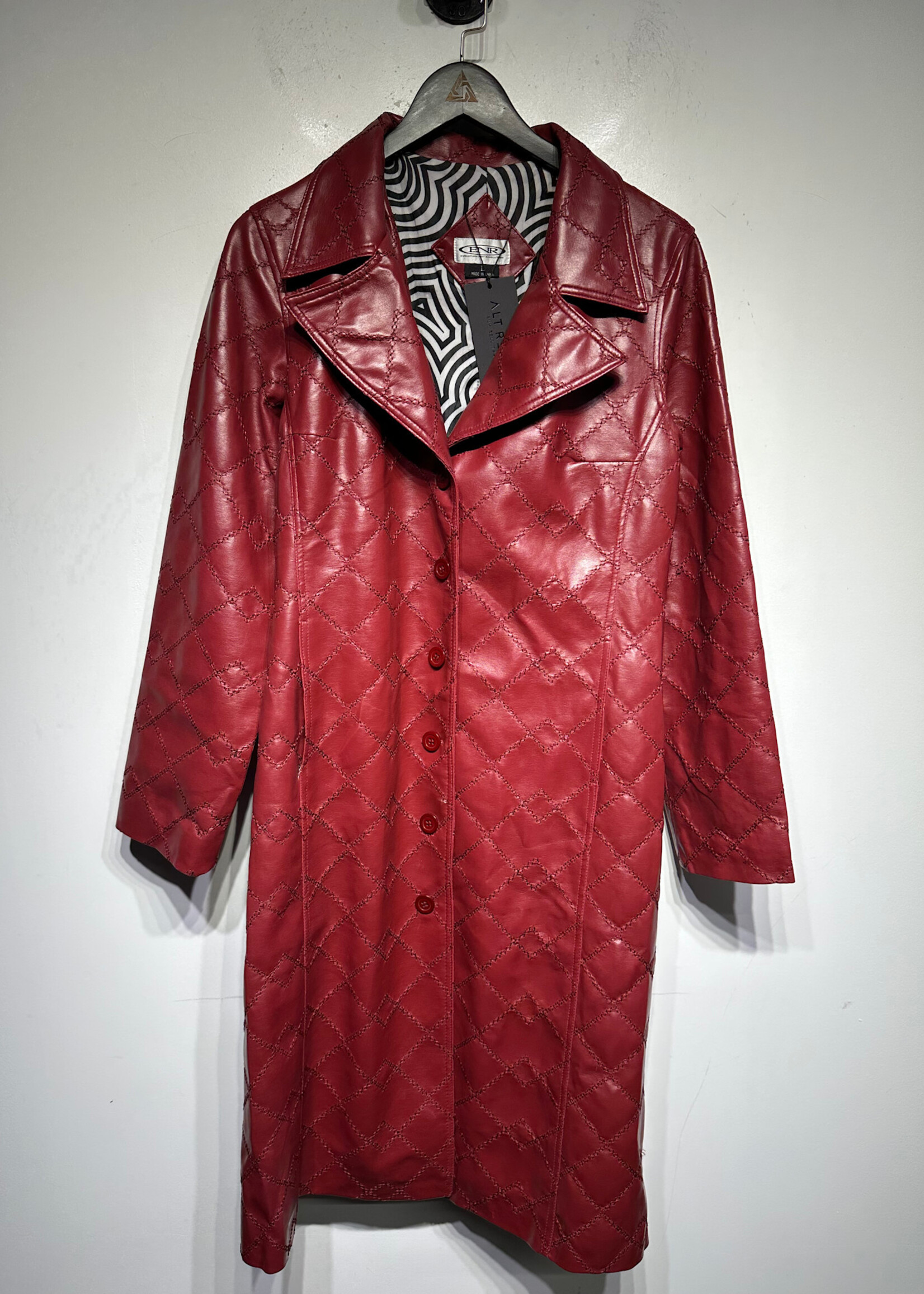 ENR Red Diamond Stitch Red Faux Leather Trench Fem L