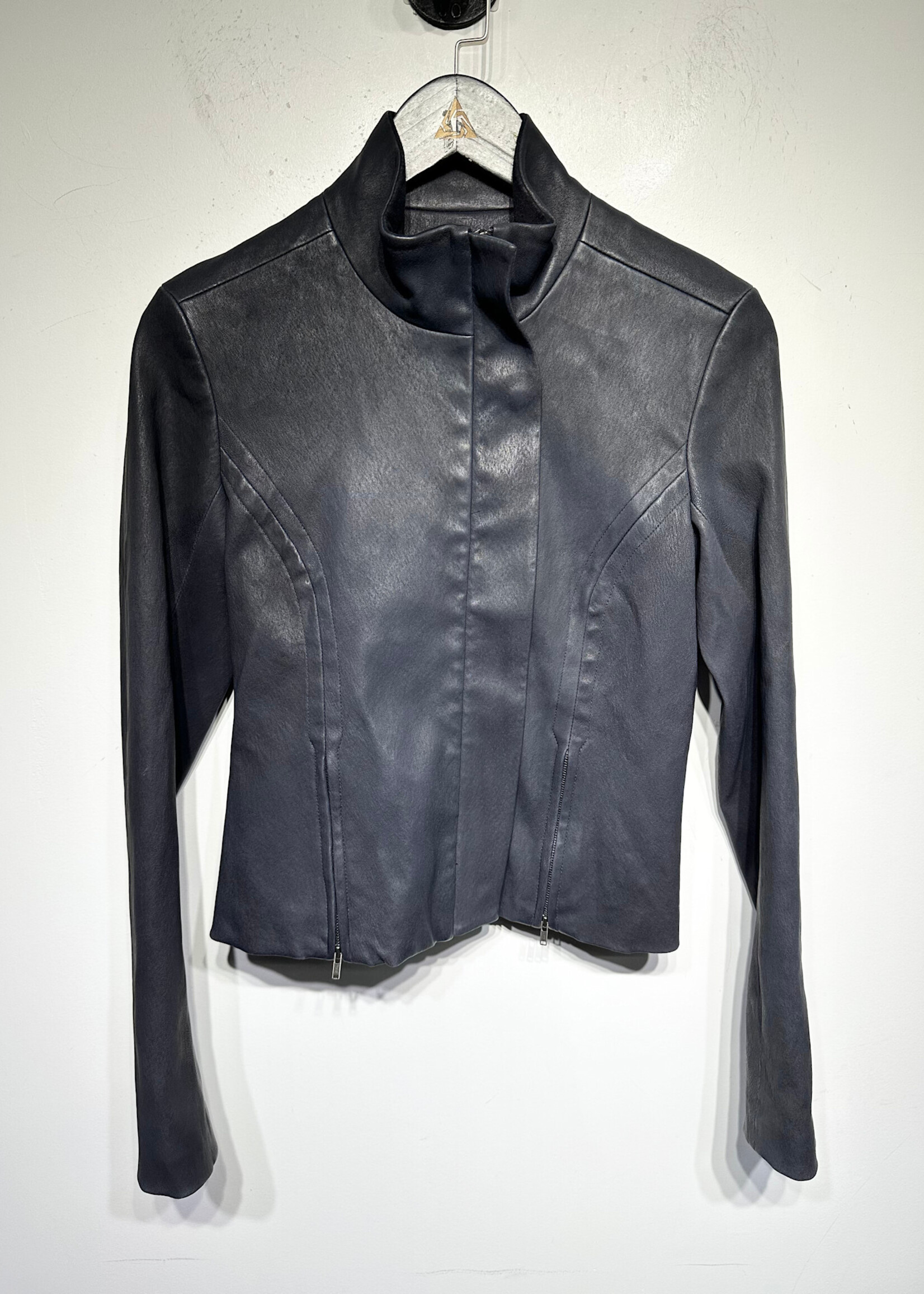 Theory Navy Blue Lamb Leather Jacket Fem XS AS IS