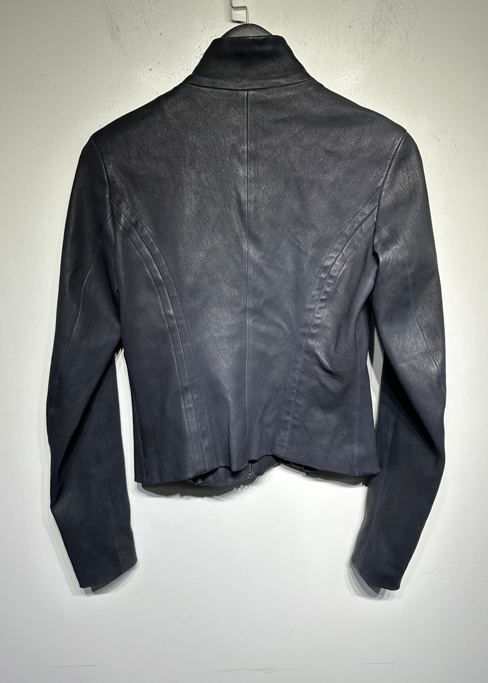 Theory Navy Blue Lamb Leather Jacket Fem XS AS IS