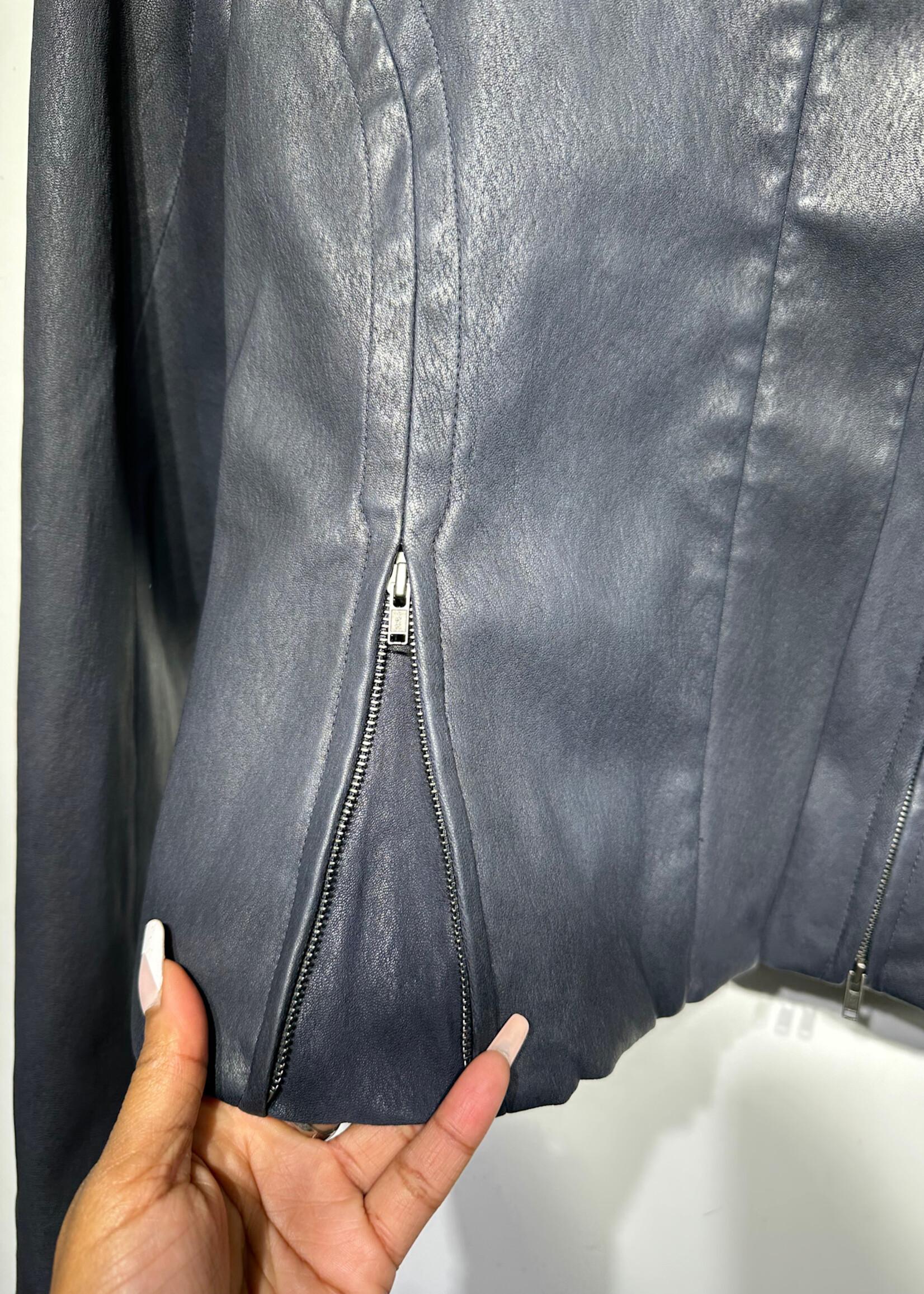 Theory Navy Blue Lamb Leather Jacket Fem XS AS IS