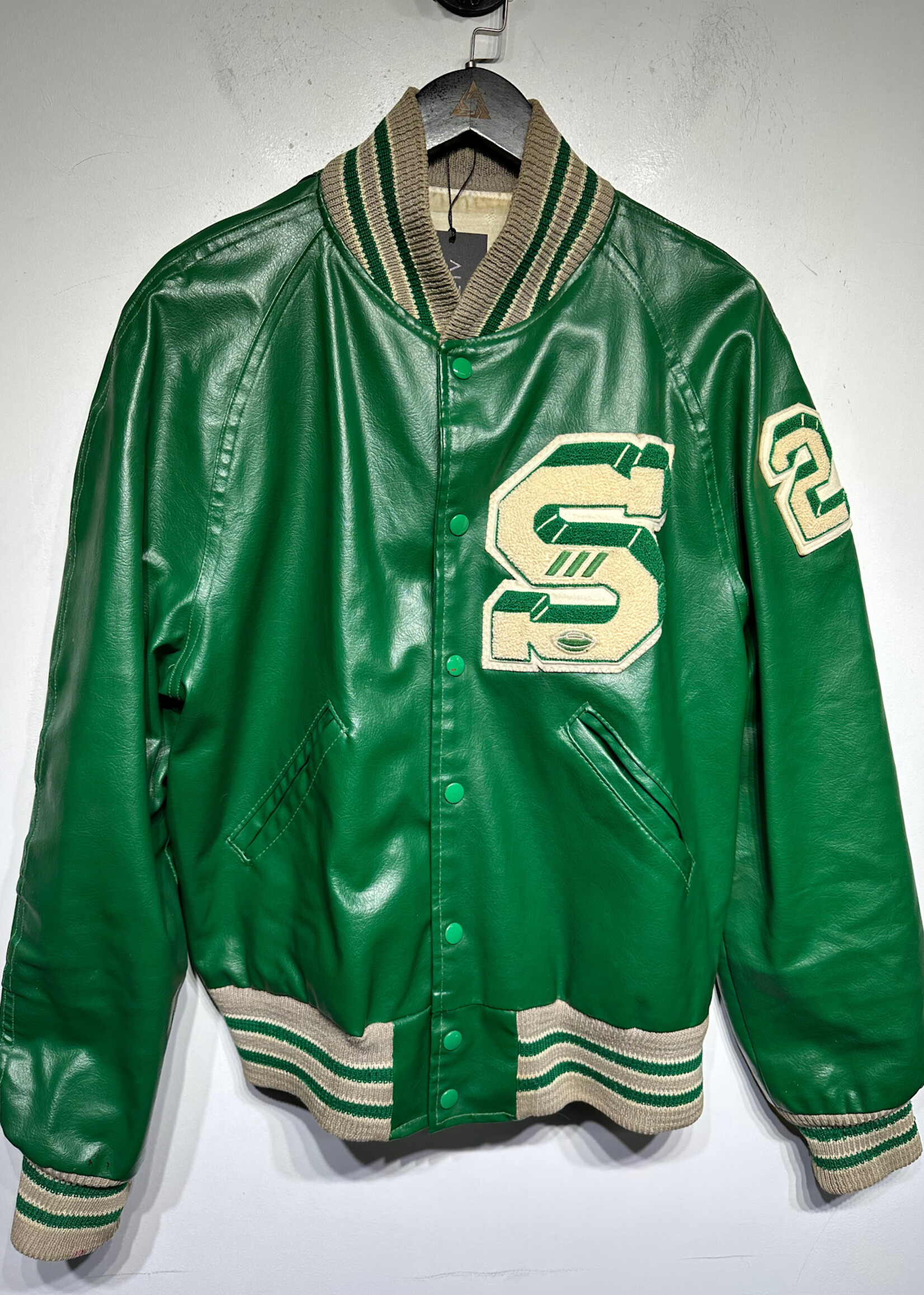 S Patch Vintage Leather Varsity Jacket Masc L