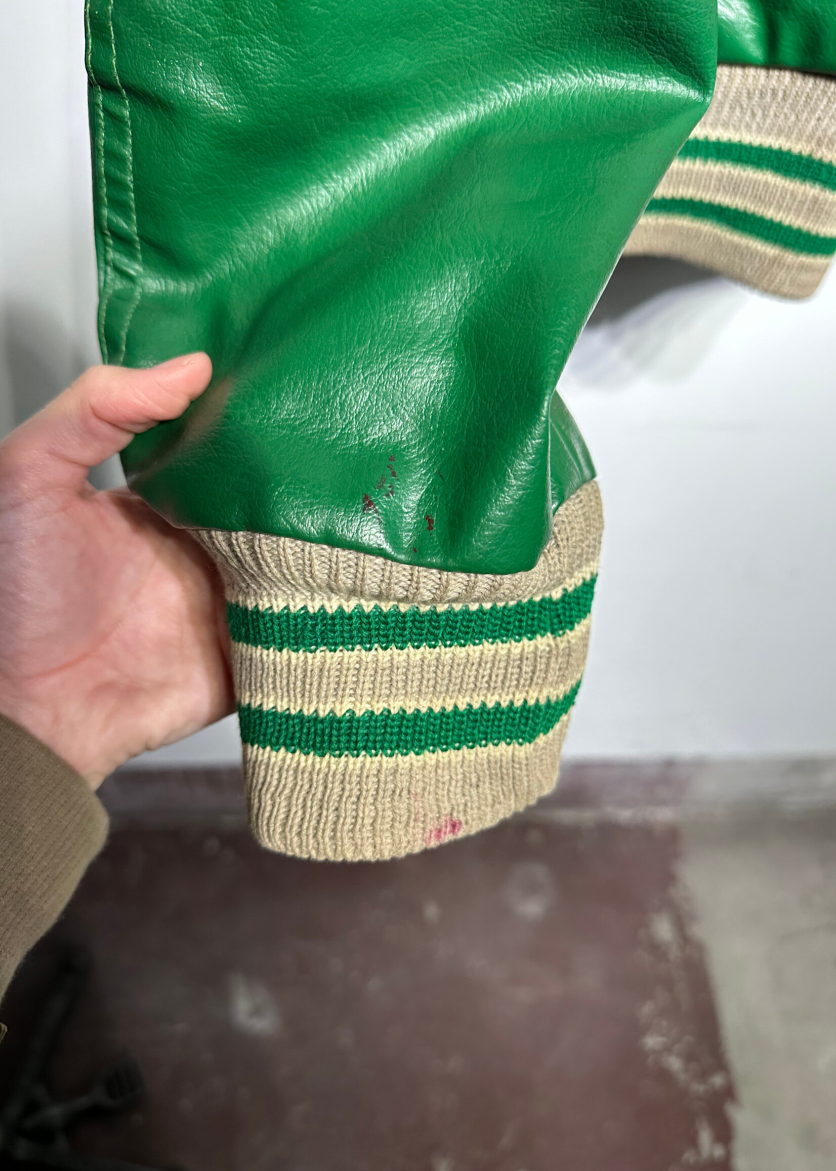 S Patch Vintage Leather Varsity Jacket Masc L