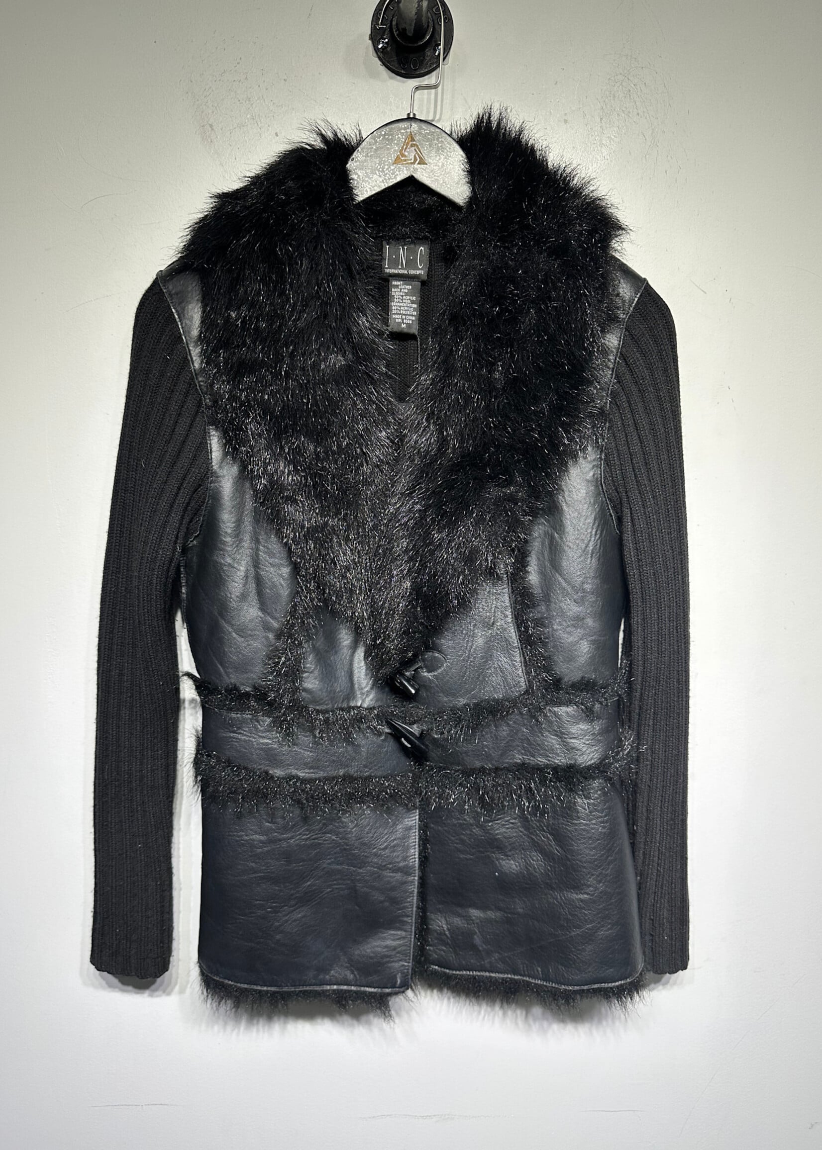 INC Black Leather Fur Collared Jacket M