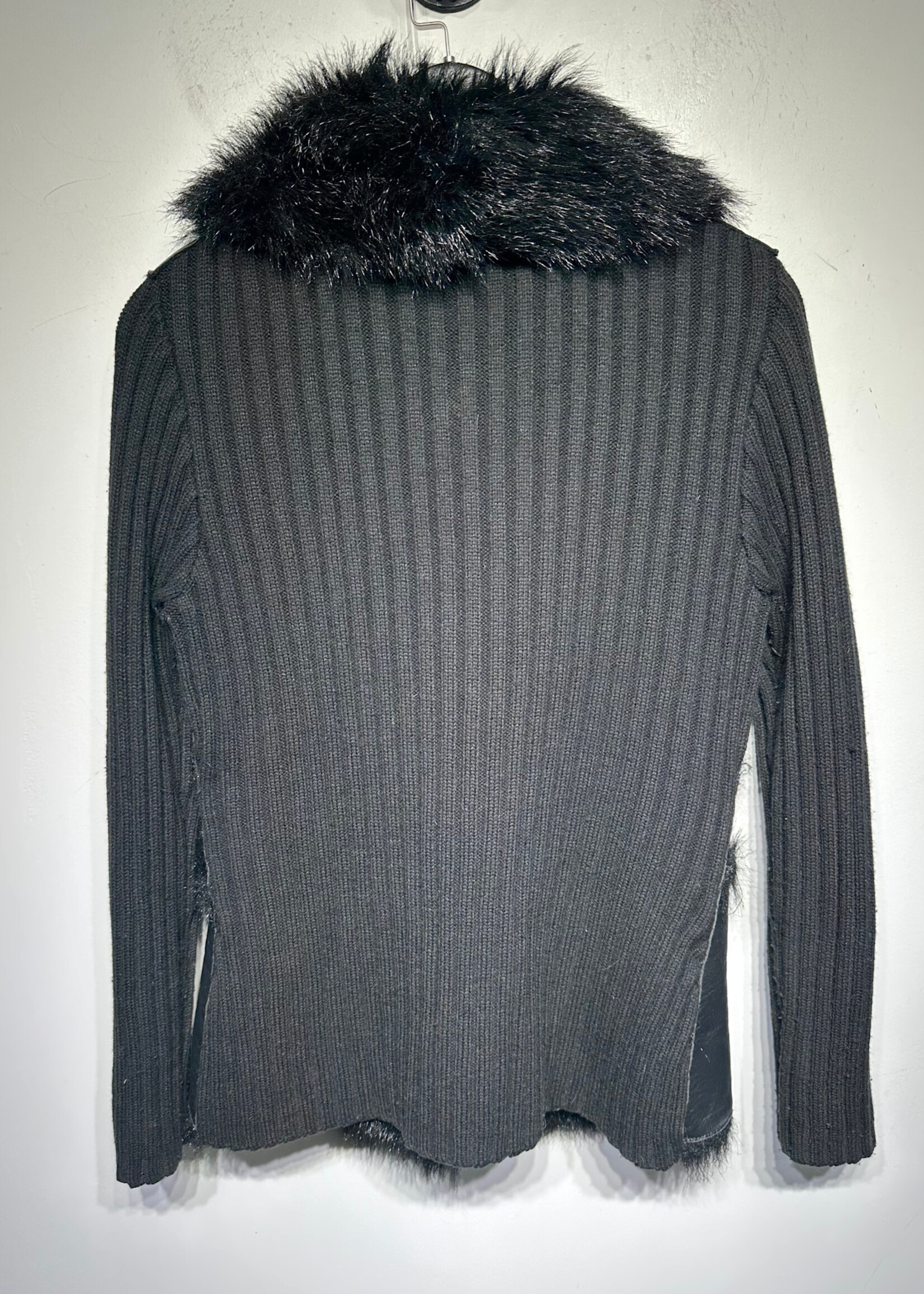 INC Black Leather Fur Collared Jacket M