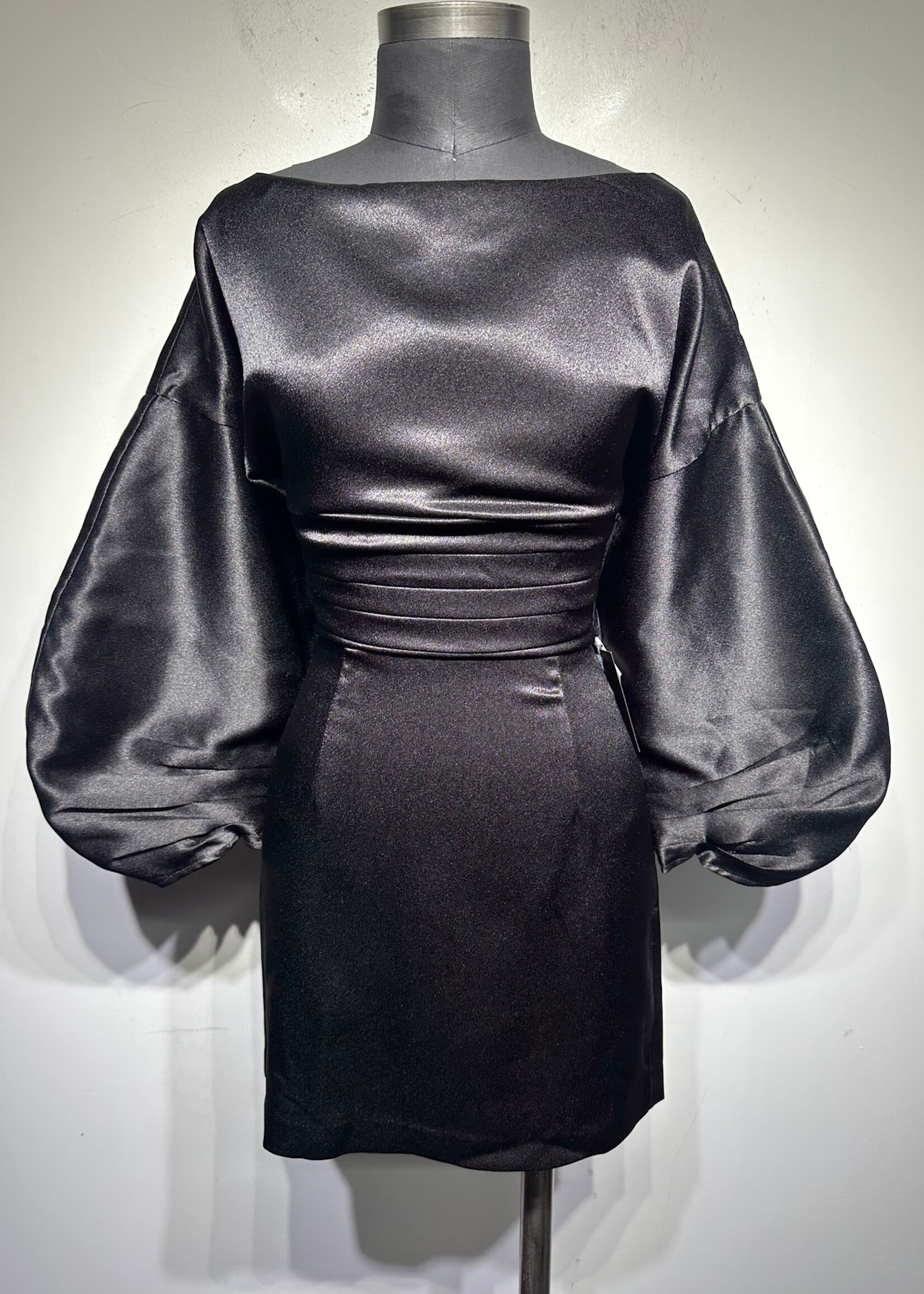 Hours Black Satin Bell Sleeve Mini Dress XS NWT