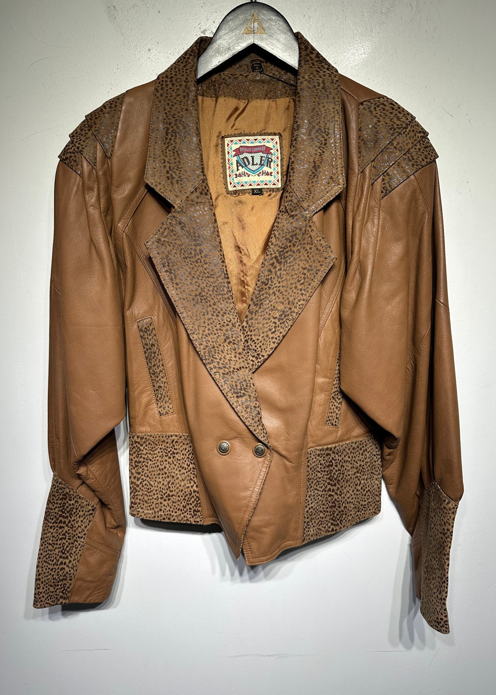 ADLER Vintage Brown Cheetah Leather Blazer Fem XL