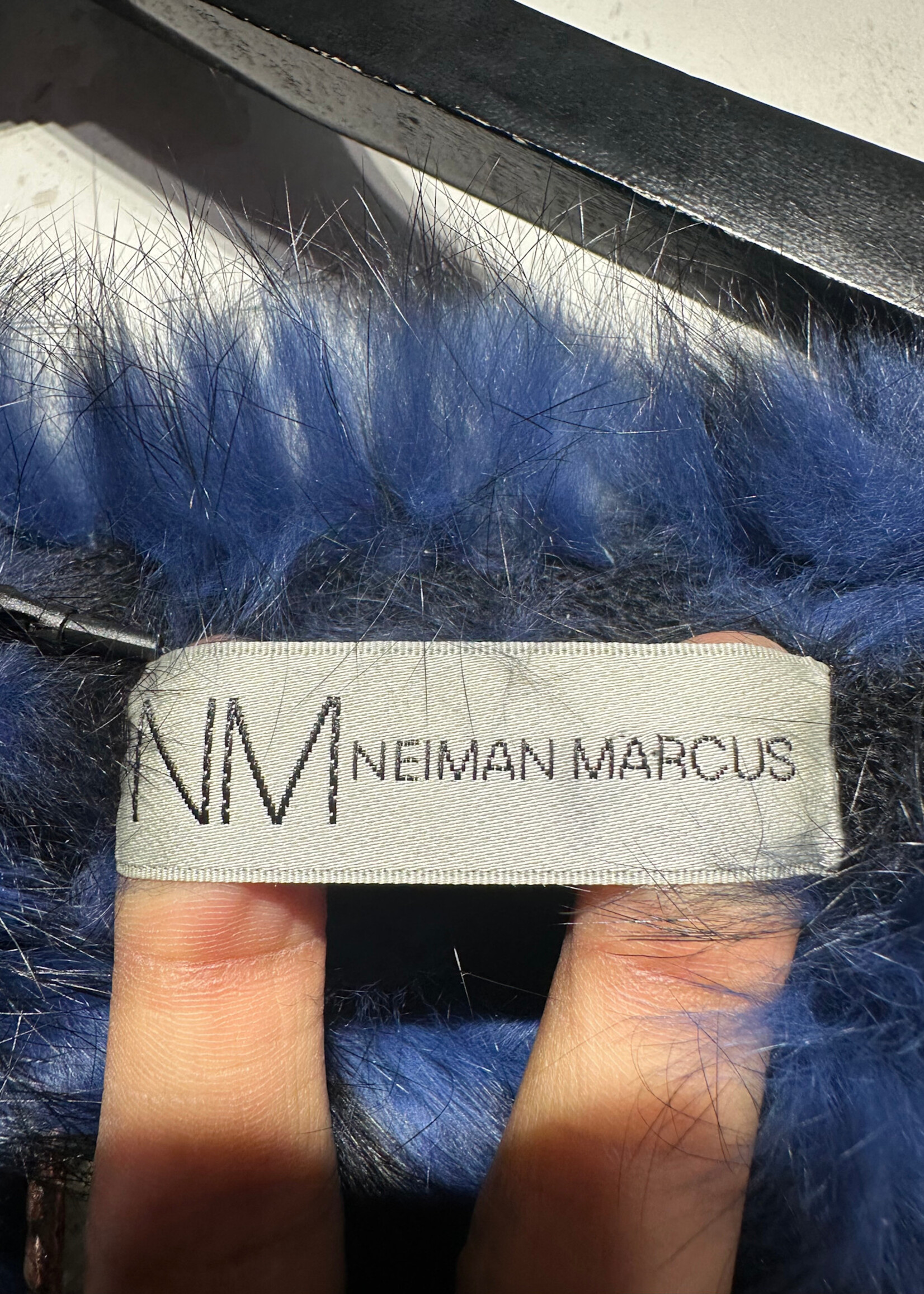 Neiman Marcus Black Blue Wool Dyed Fur Shall OS