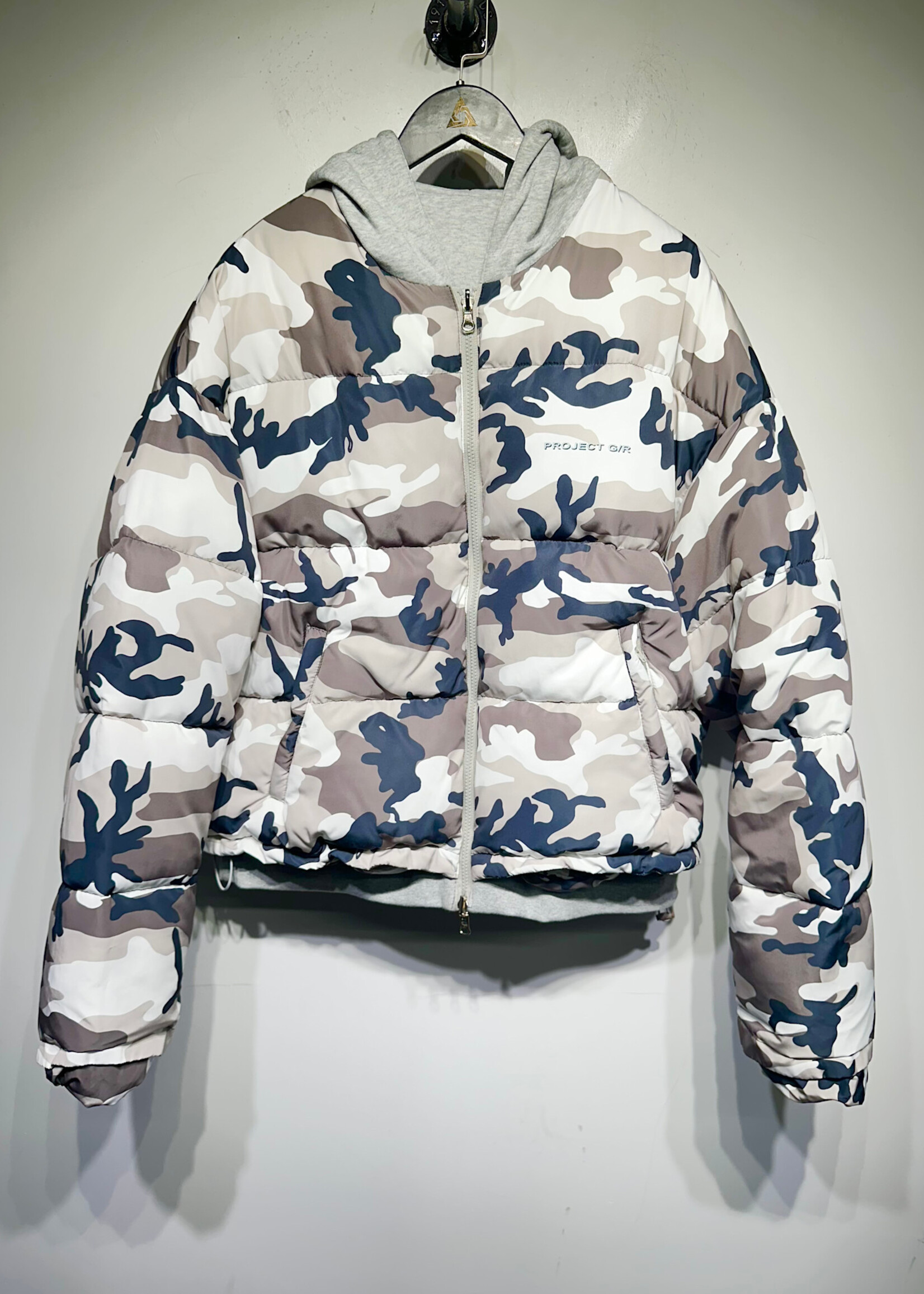 Project GR Grey Snow Camo Puffer Reversible Jacket XL