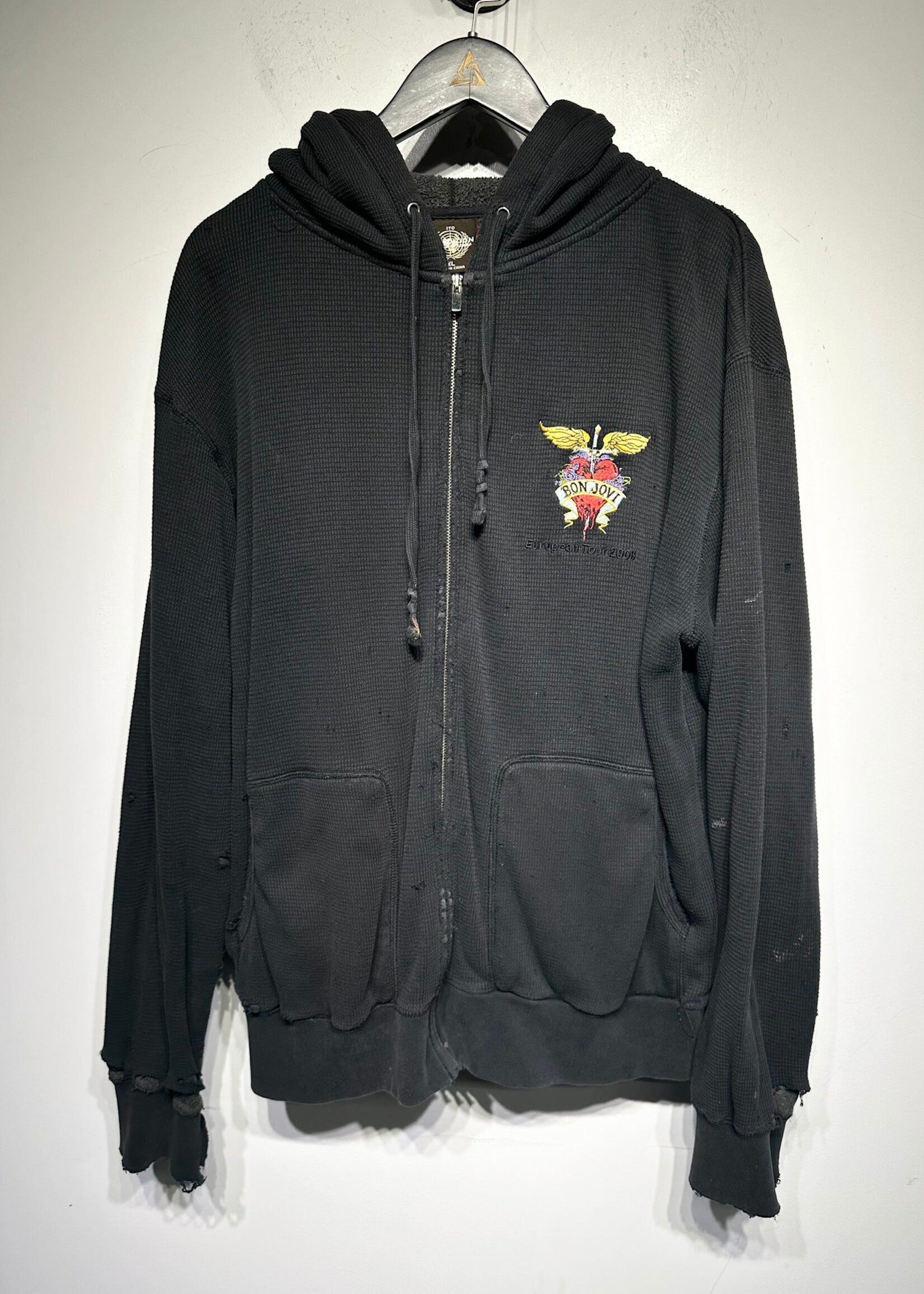 08 Bon Jovi Black Zip Up Distressed Hoodie Masc XL AS IS