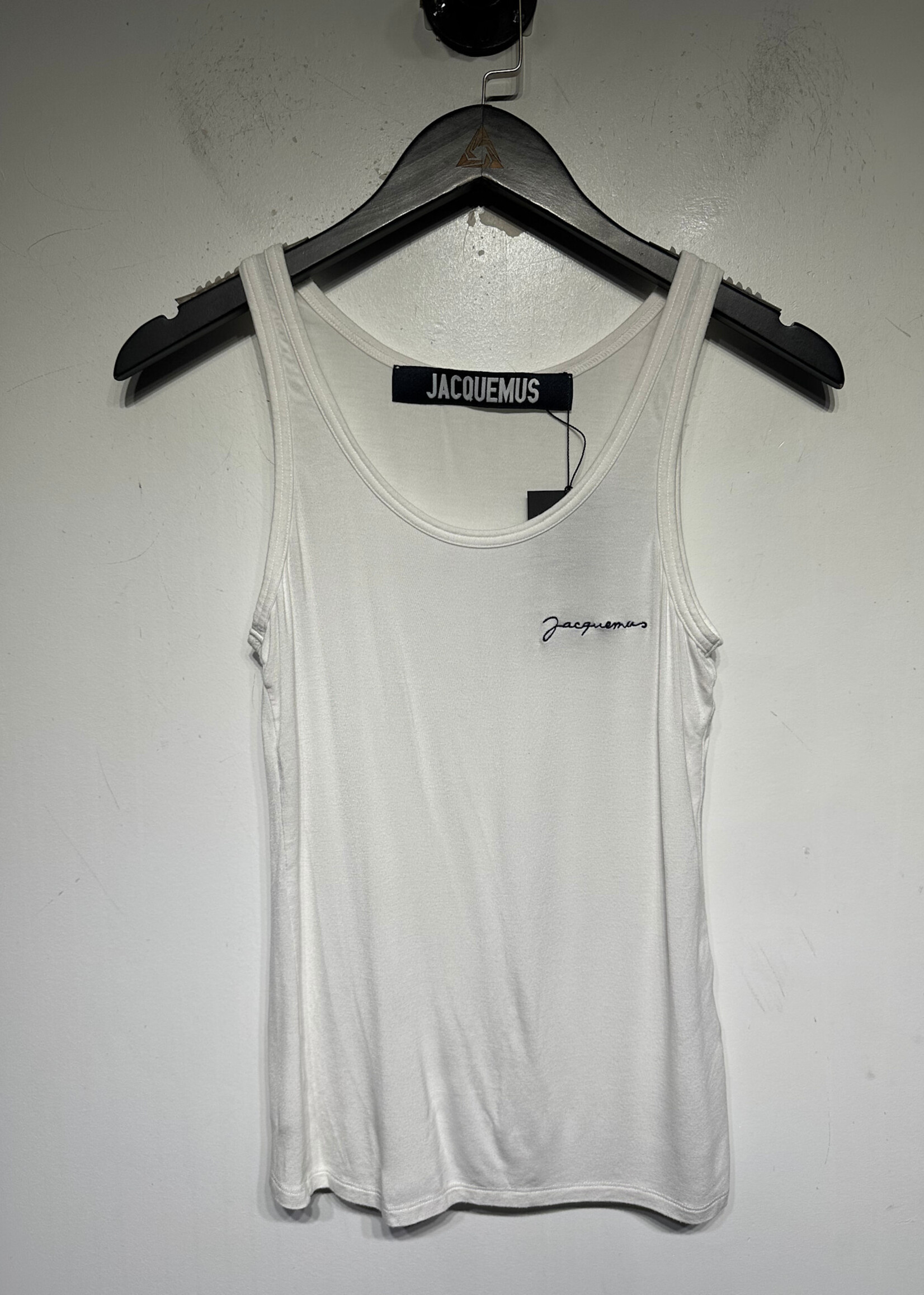 Jacquemus White Tank Top w Blue Script Embroidery Fem S