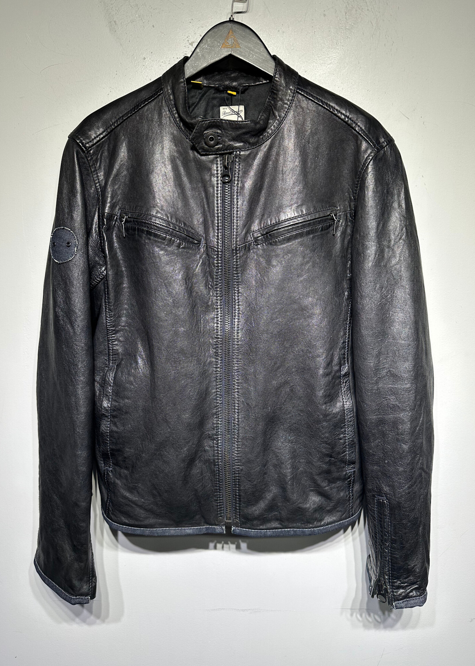 G-Star Denim Trim Leather Cafe Racer Jacket Masc L