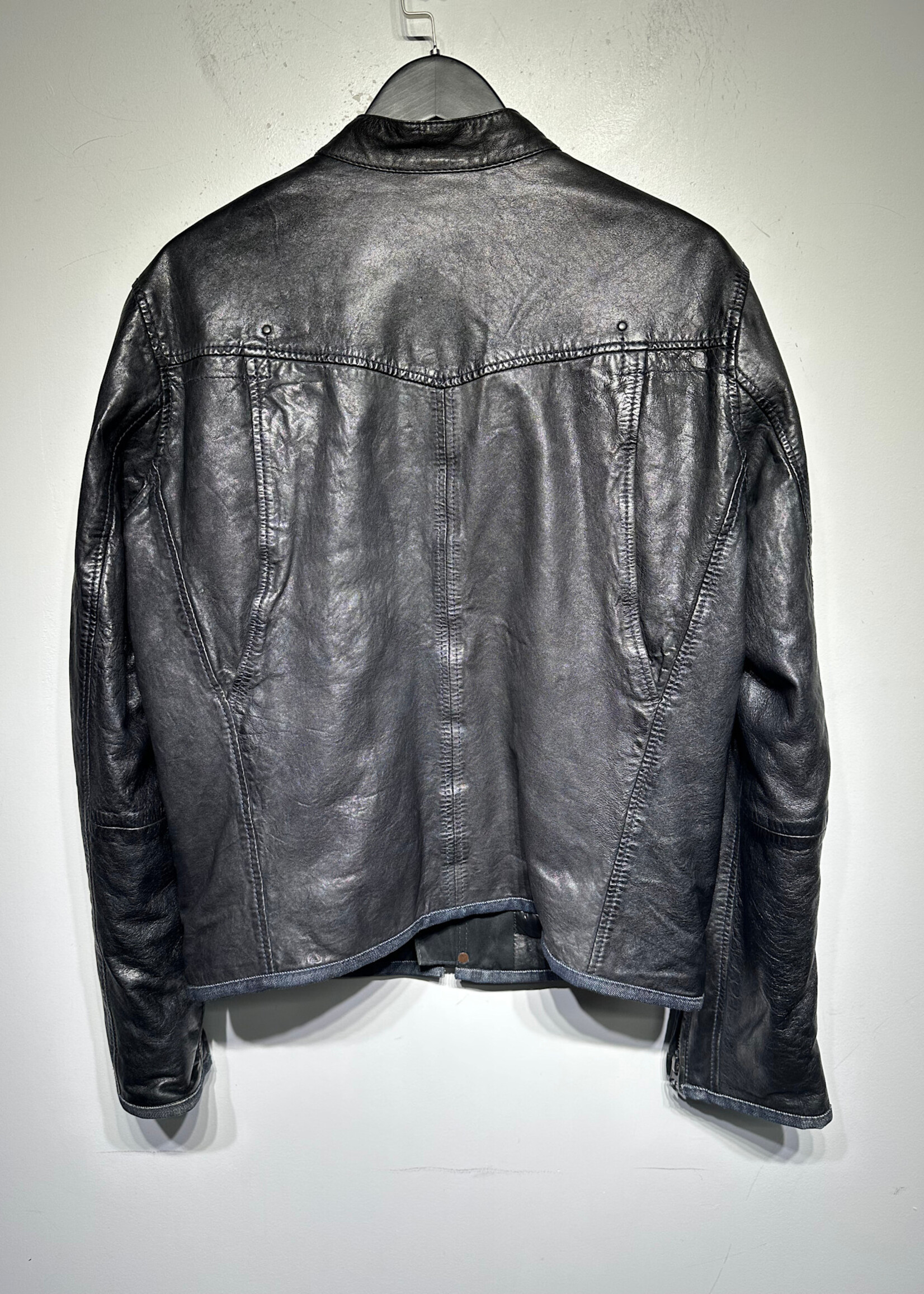 G-Star Denim Trim Leather Cafe Racer Jacket Masc L