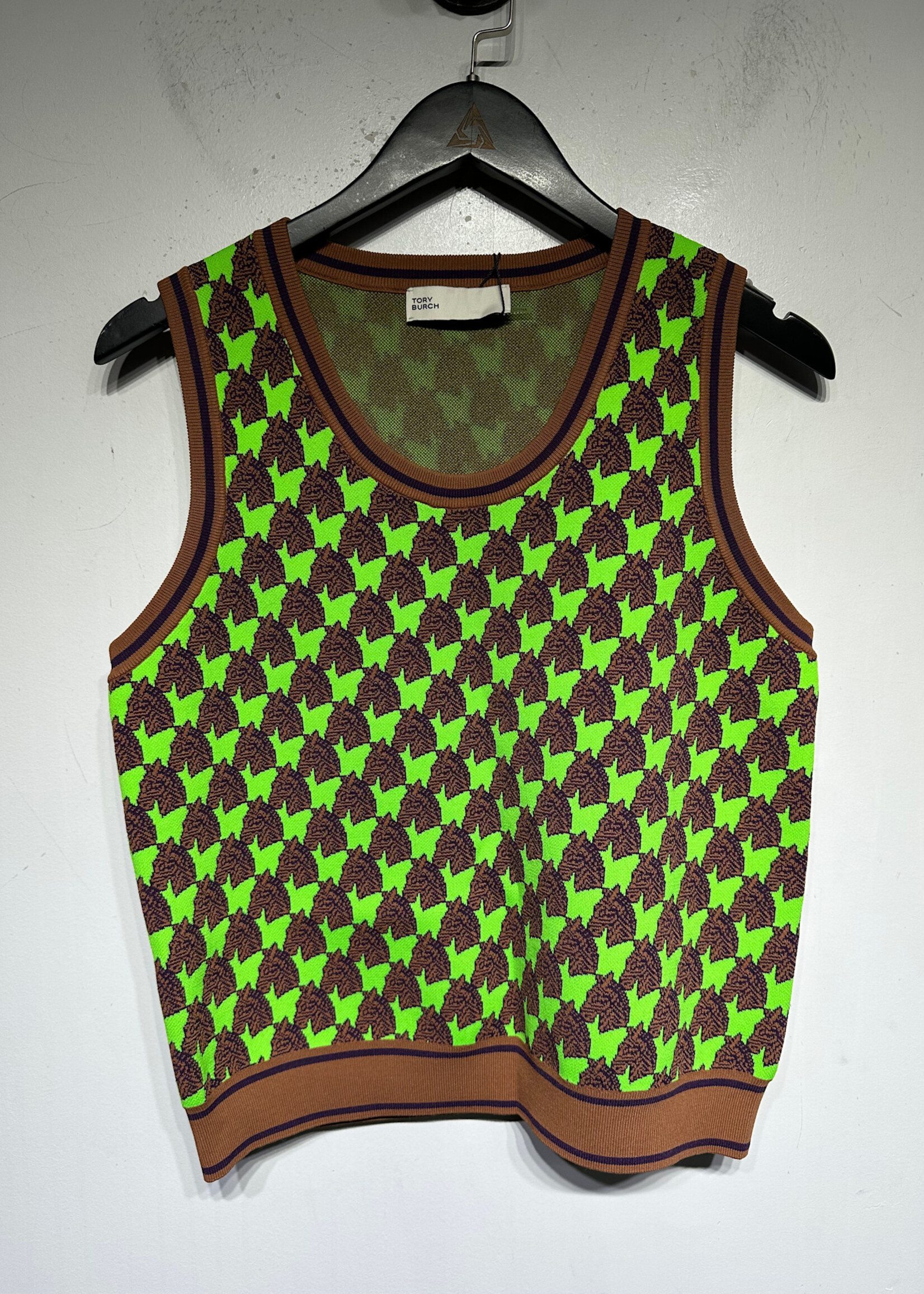 Tory Burch Green Brown Horse Knit Tank Fem L